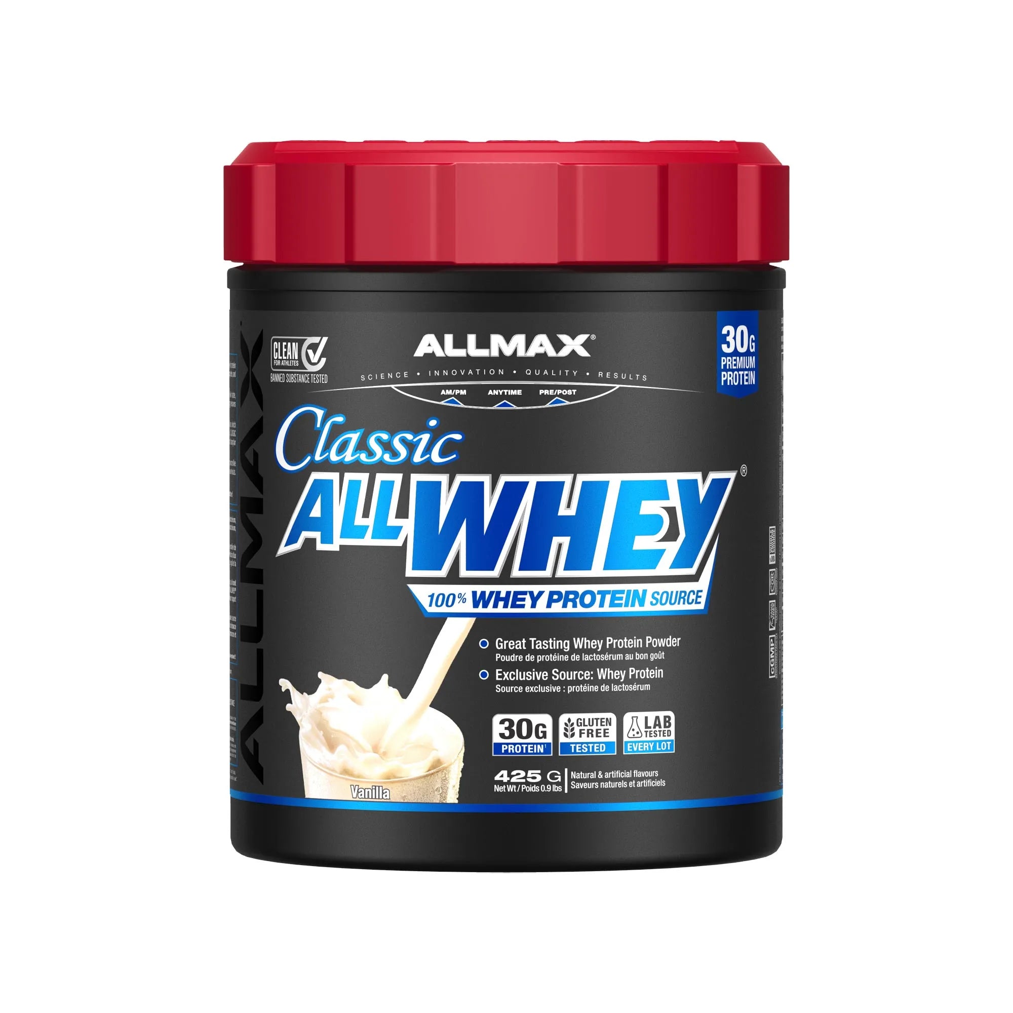A tub of Allmax Classic All Whey protein powder on a plain white background. The container is black with a red lid and features blue and white branding.