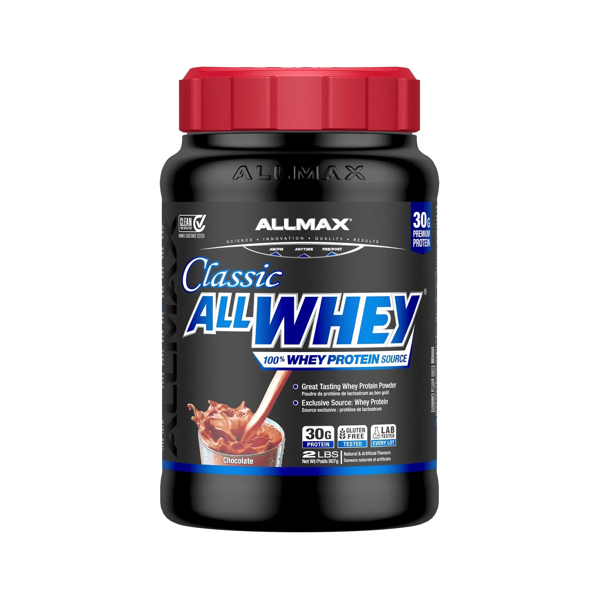 A tub of Allmax Classic All Whey 100% Whey Protein Source in chocolate flavor, featuring a black container with a red lid and a blue and white label.