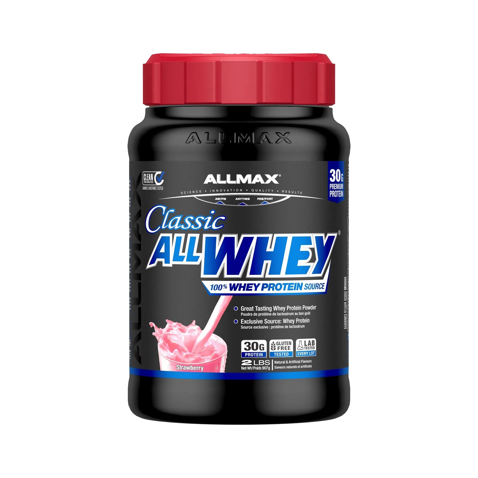 A tub of Allmax Classic All Whey 100% Whey Protein Source in strawberry flavor, featuring a black container, a red lid, and a blue and white label with a pink strawberry shake graphic.
