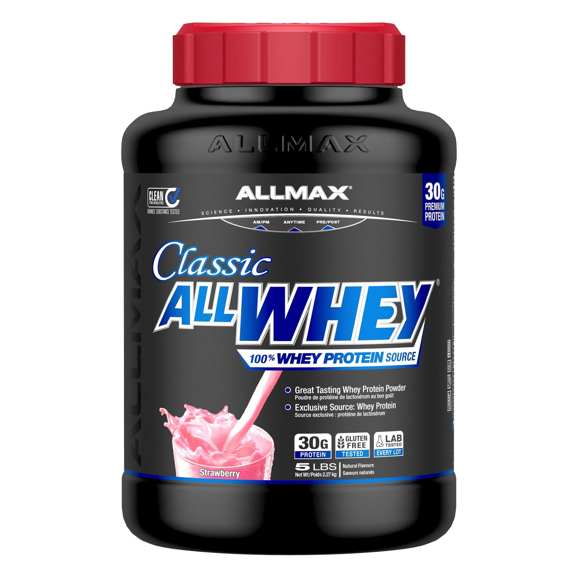 A black tub of Allmax Classic All Whey 100% Whey Protein powder with a red cap, shown on a plain white background.