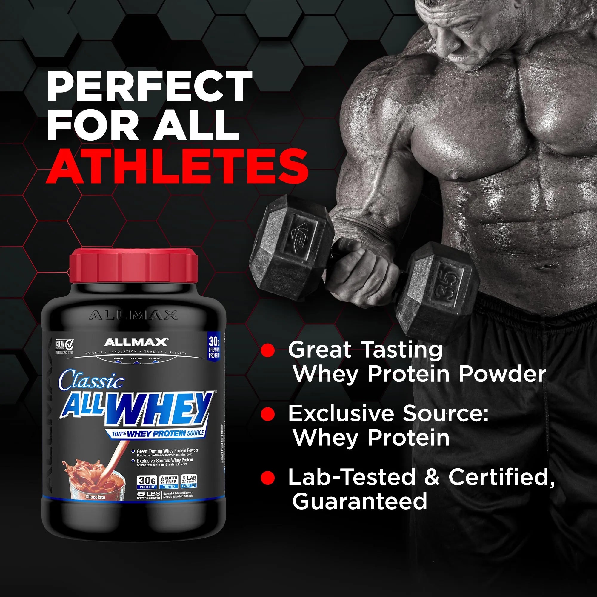 Allmax Classic All Whey protein powder tub with a red lid, shown next to a muscular athlete lifting dumbbells on a black background with promotional text.