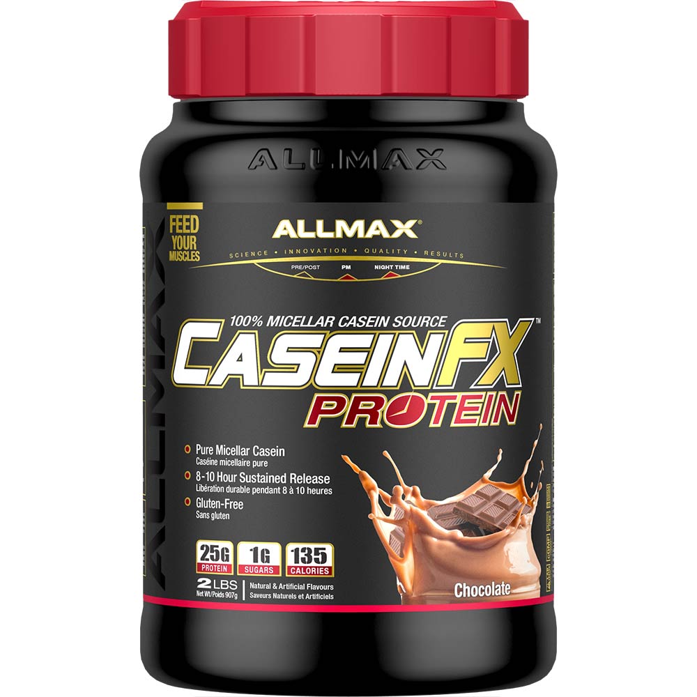 Casein-FX Protein Powder by ALLMAX Nutrition in Chocolate Flavour and 2lb Size.