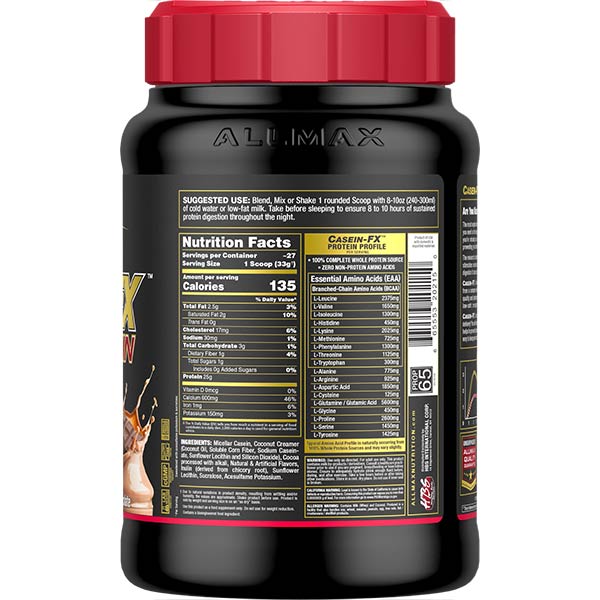AllMax supplement container with nutrition facts label on a white background