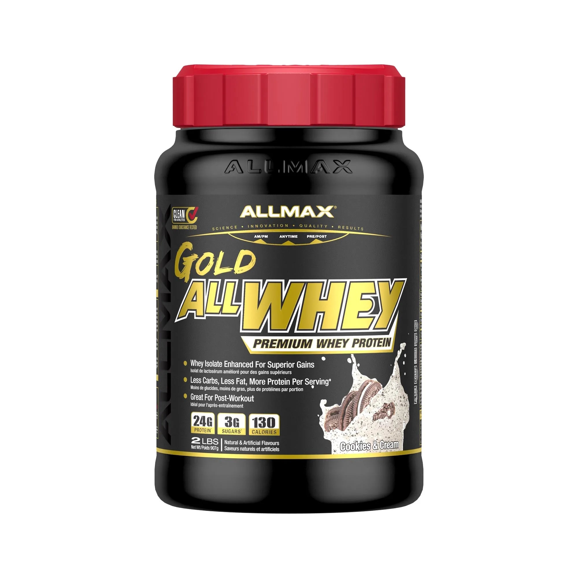 A black plastic tub of Allmax Gold All Whey Premium Whey Protein with a red lid, on a plain white background.