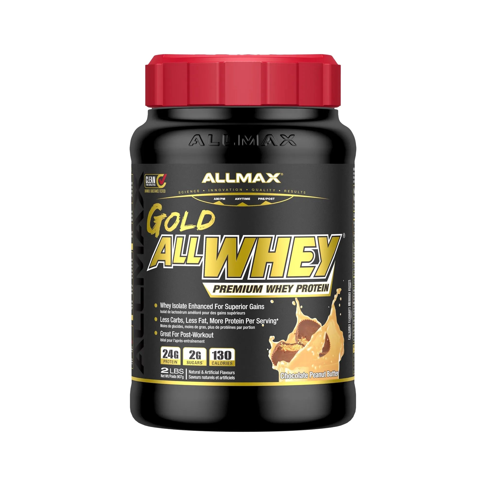 A black plastic tub of Allmax Gold All Whey Premium Whey Protein with a red lid, set against a plain white background.