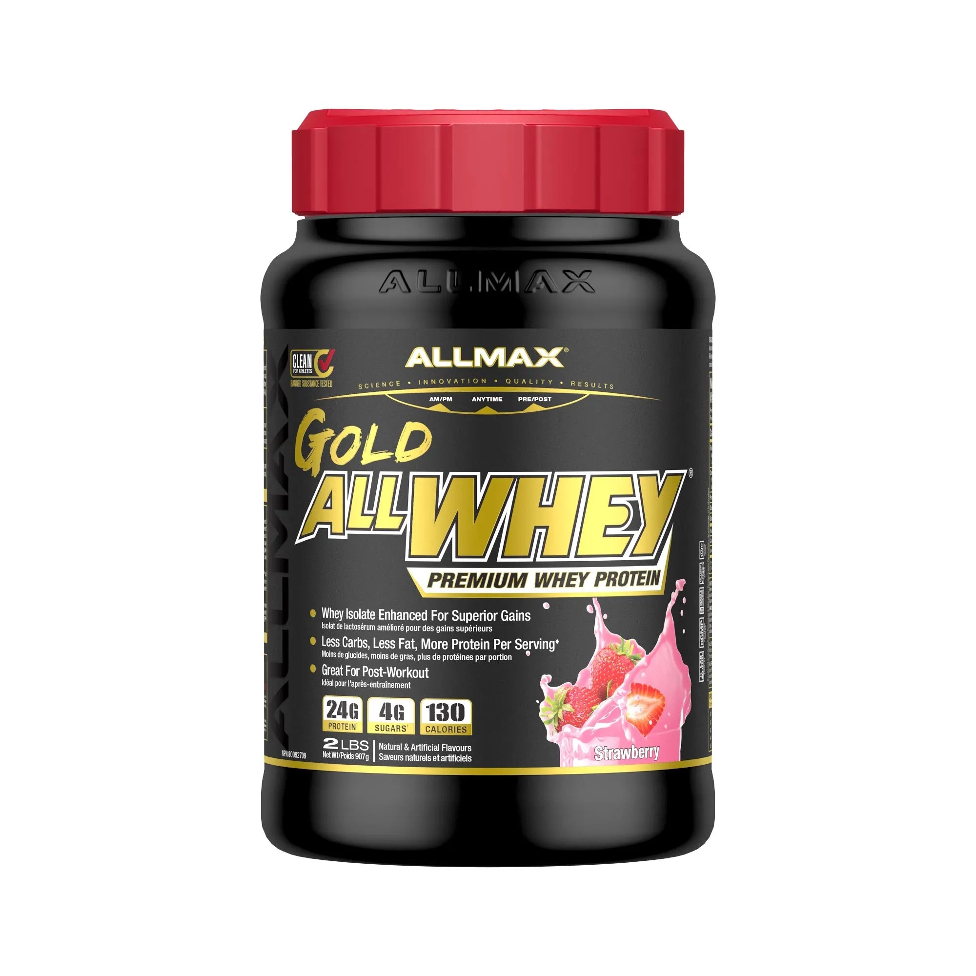 A black tub of Allmax Gold All Whey Premium Whey Protein with a red lid, featuring a pink strawberry splash graphic on the front label.