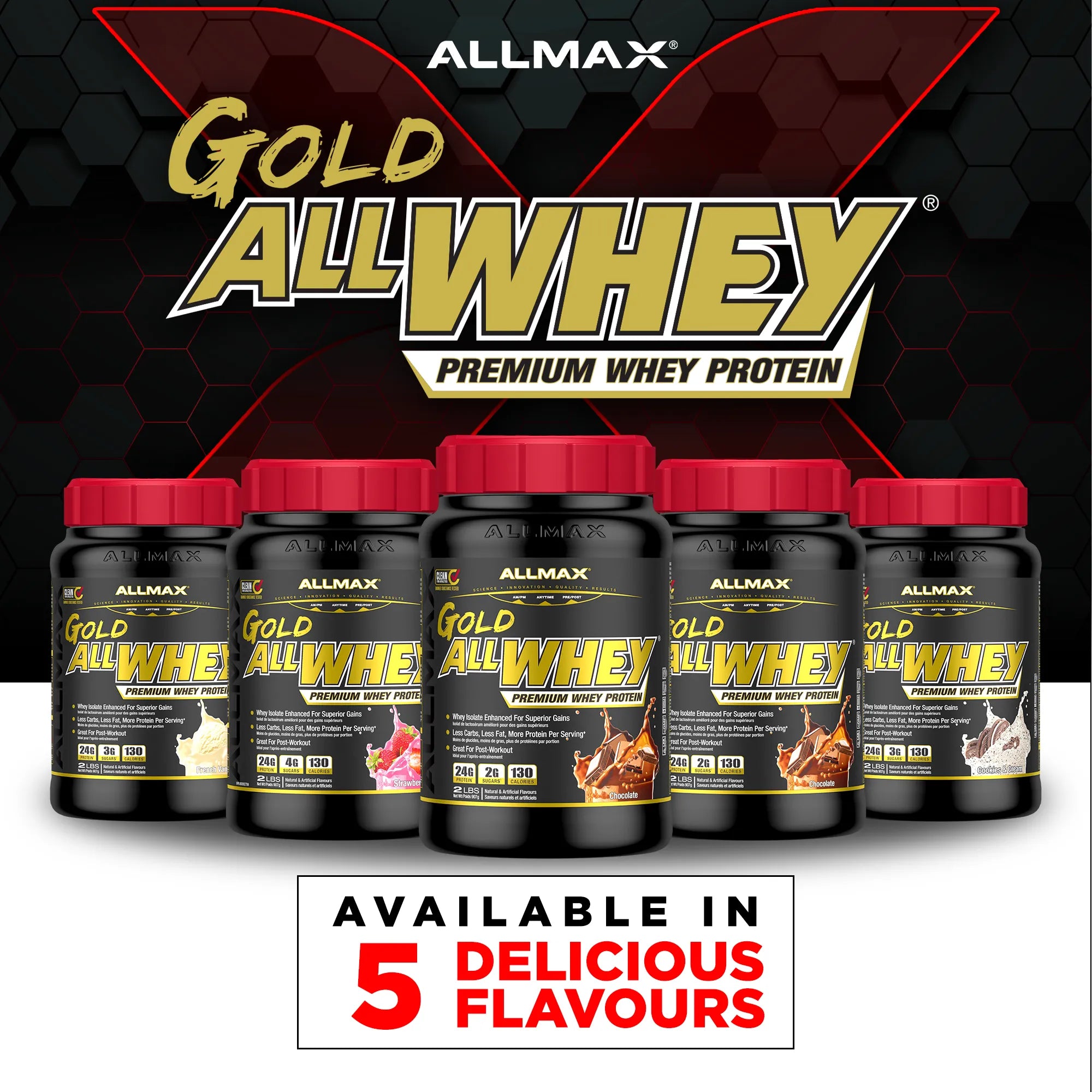 Six bottles of Allmax Gold All Whey premium whey protein in different flavors, arranged in a row against a black and red branded background with a white banner at the bottom stating 'AVAILABLE IN 5 DELICIOUS FLAVOURS'.