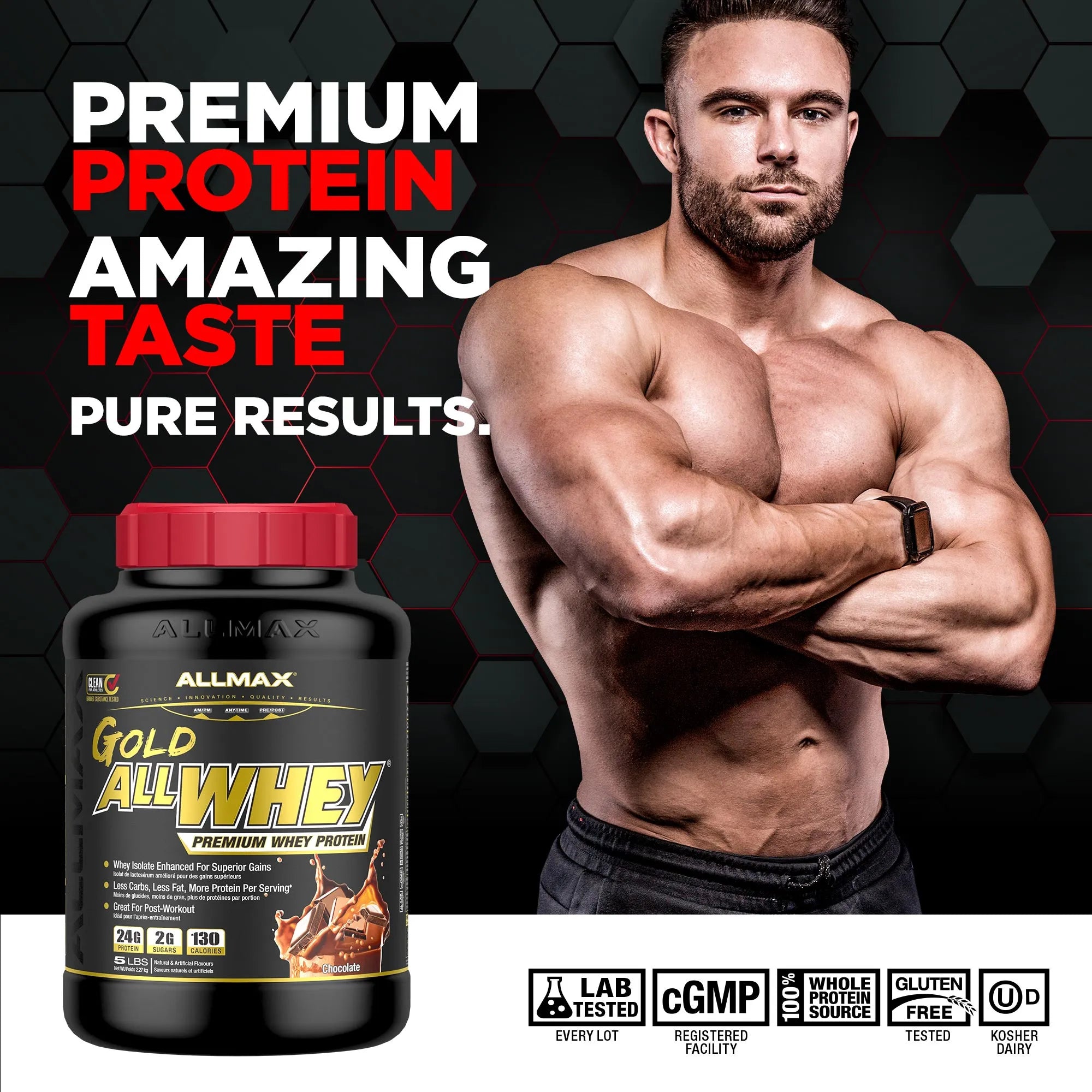 Allmax Gold All Whey protein powder tub shown next to a muscular male model with arms crossed, on a black background with promotional text 'PREMIUM PROTEIN AMAZING TASTE PURE RESULTS.'.