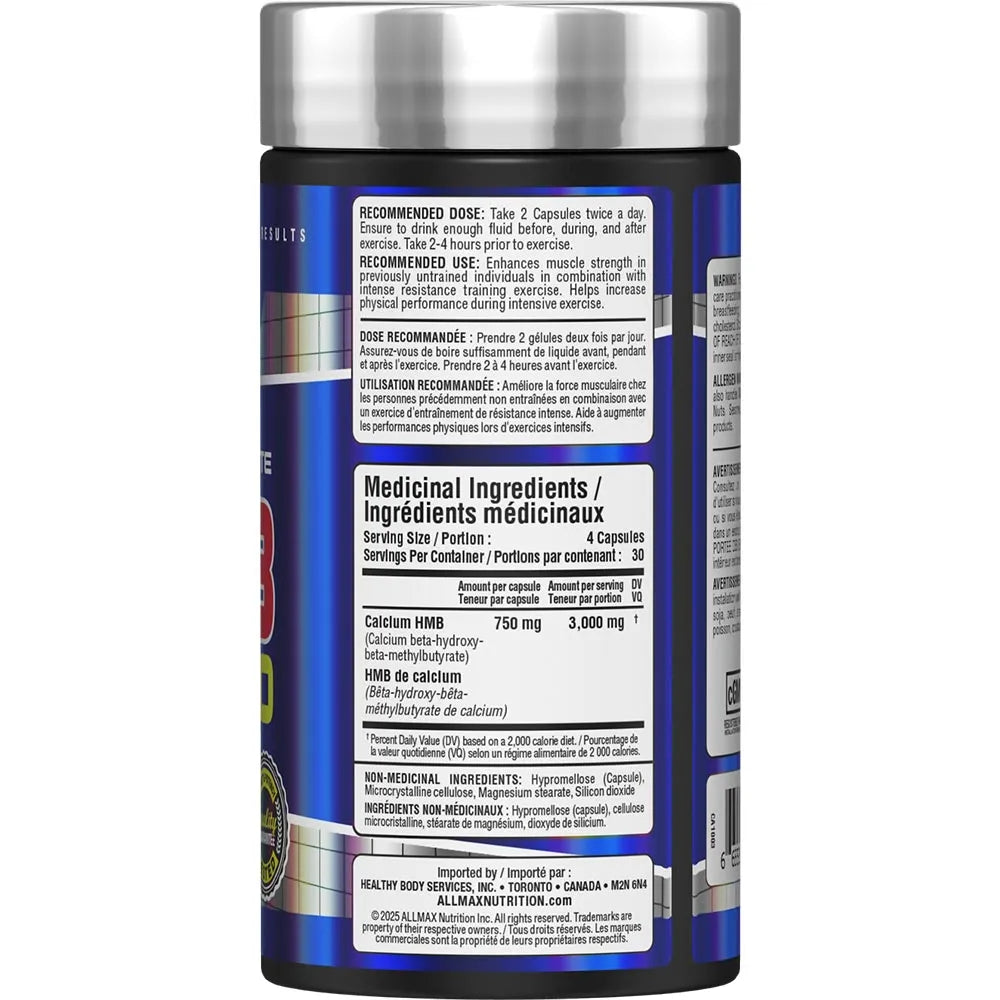 right Allmax HMB supplement bottle in a white background