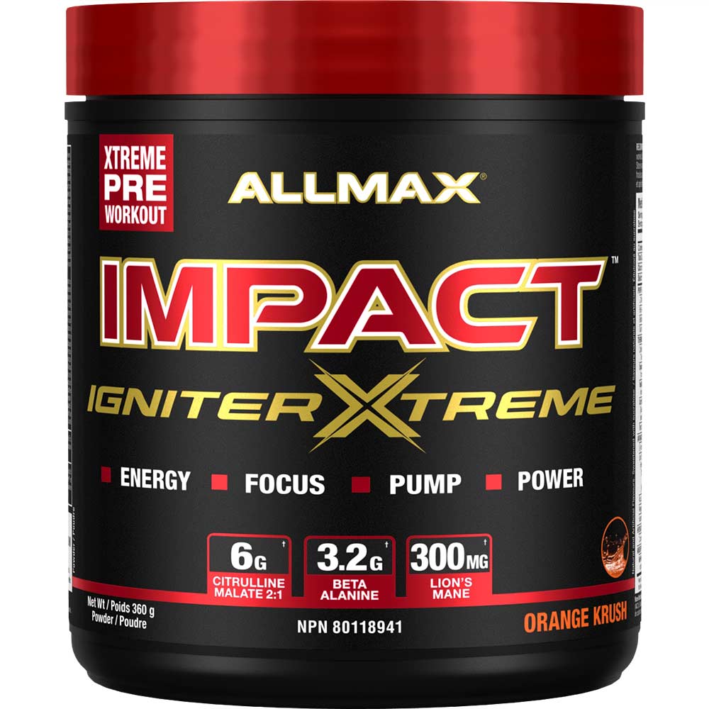 Impact Igniter Xtreme 20 Serv by ALLMAX Nutrition in Orange Krush Flavour and 360g Size.