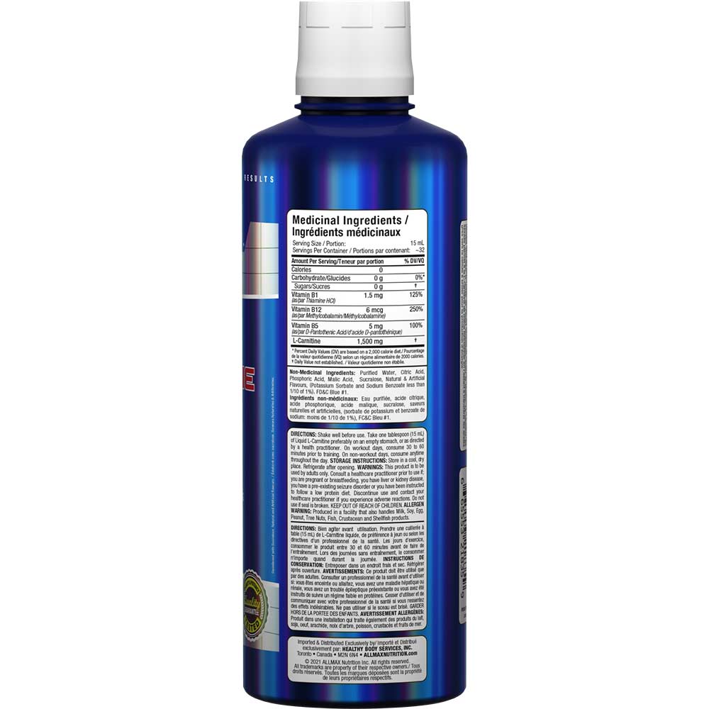 L-Carnitine liquid 16oz by ALLMAX Nutrition in Blue Rasp Flavour and 473ml Size. SFP