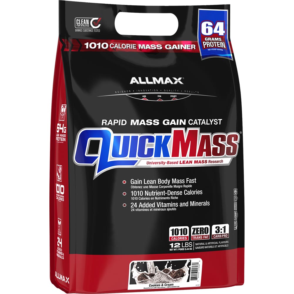 A 12-pack bag of Allmax QuickMass Rapid Mass Gain Catalyst, featuring a black and red packaging design with blue and white logo text.