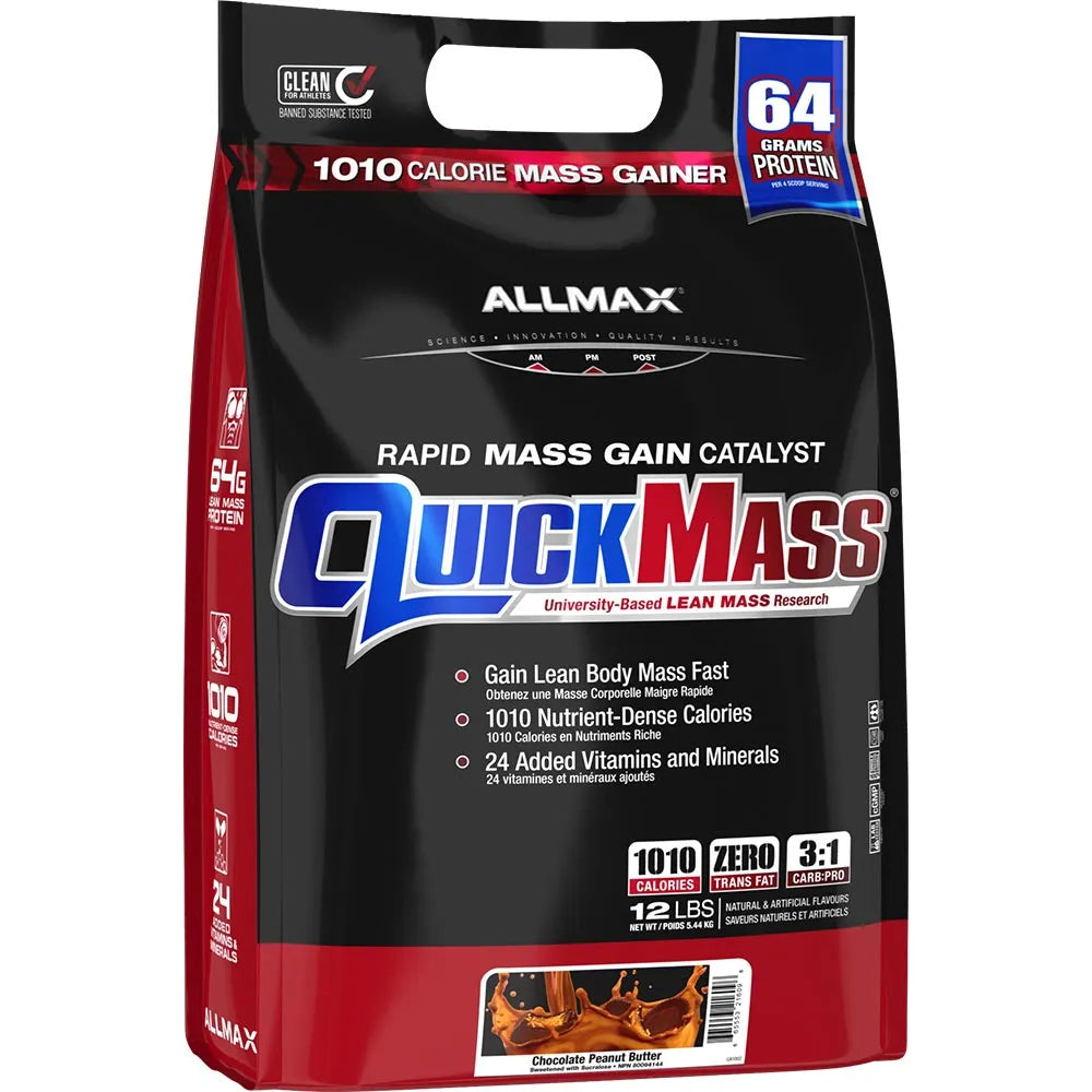 A 12-pack bag of Allmax QuickMass Rapid Mass Gain Catalyst in chocolate peanut butter flavor. The packaging is primarily black with red side panels and features the Allmax and QuickMass branding prominently.