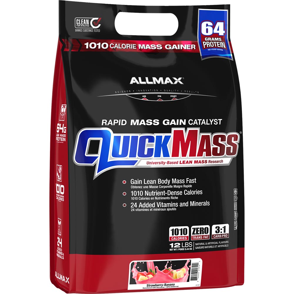 A 12-pack bag of Allmax QuickMass Rapid Mass Gain Catalyst in strawberry flavor. The packaging is black and red with a prominent blue and white 'QuickMass' logo, and a '64 Grams Protein' badge in the top right corner.