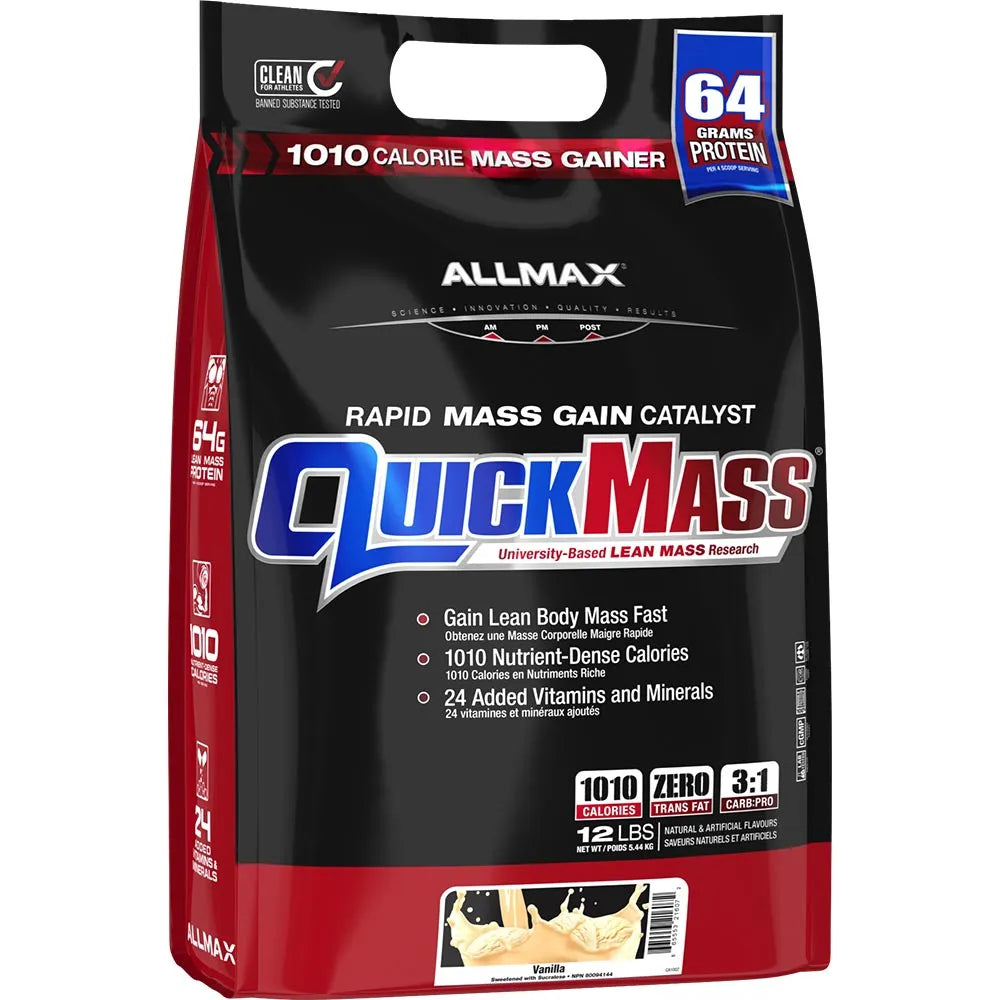 A 12 lb bag of Allmax QuickMass Rapid Mass Gain Catalyst in Vanilla flavor. The packaging is primarily black with red side panels and features the 'QuickMass' logo in blue and red, along with '64 grams protein' and '1010 calorie mass gainer' text.