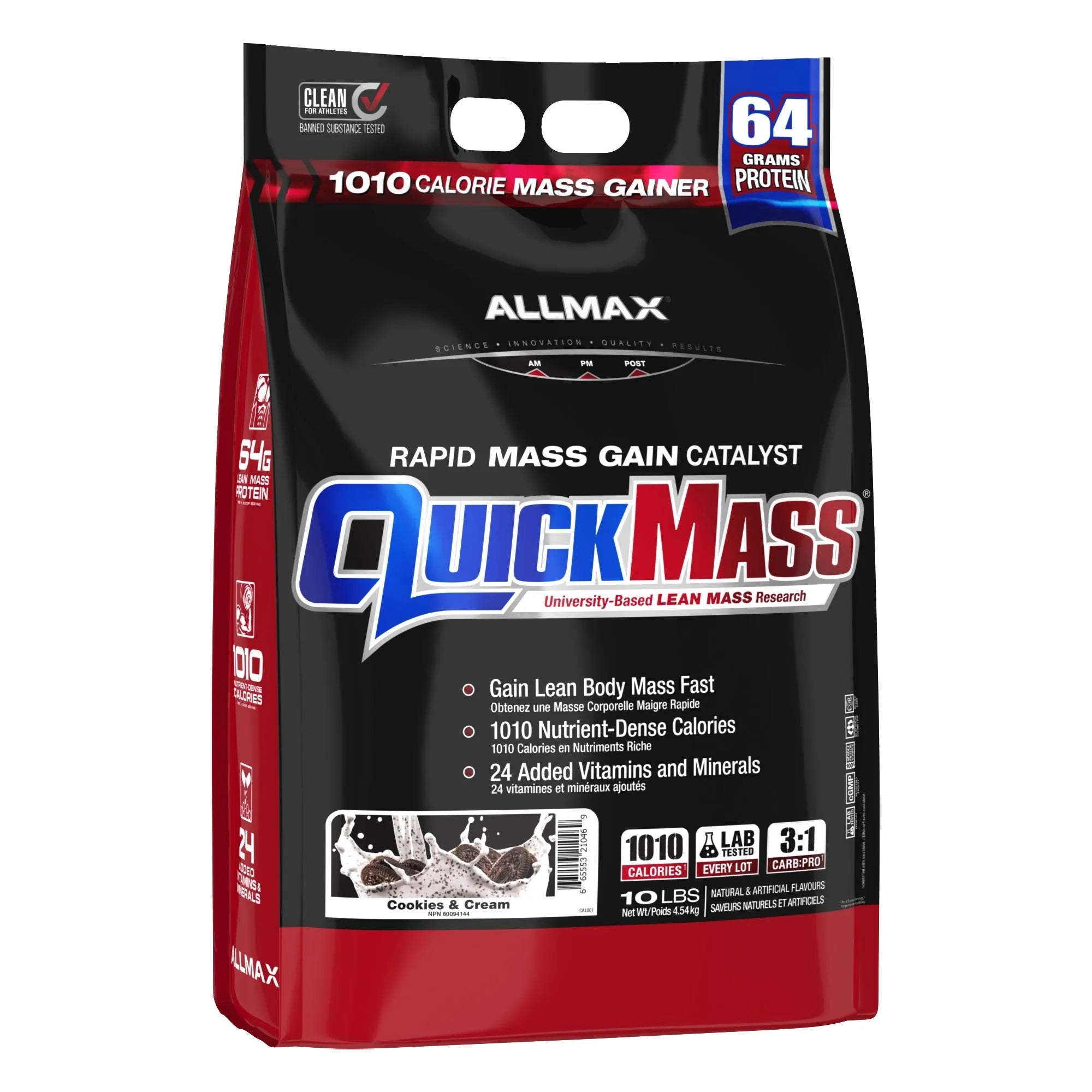 A 10 lb bag of Allmax QuickMass Rapid Mass Gain Catalyst in Cinnamon & Cream flavor. The packaging is predominantly black with red side panels and features the prominent blue and red 'QuickMass' logo.