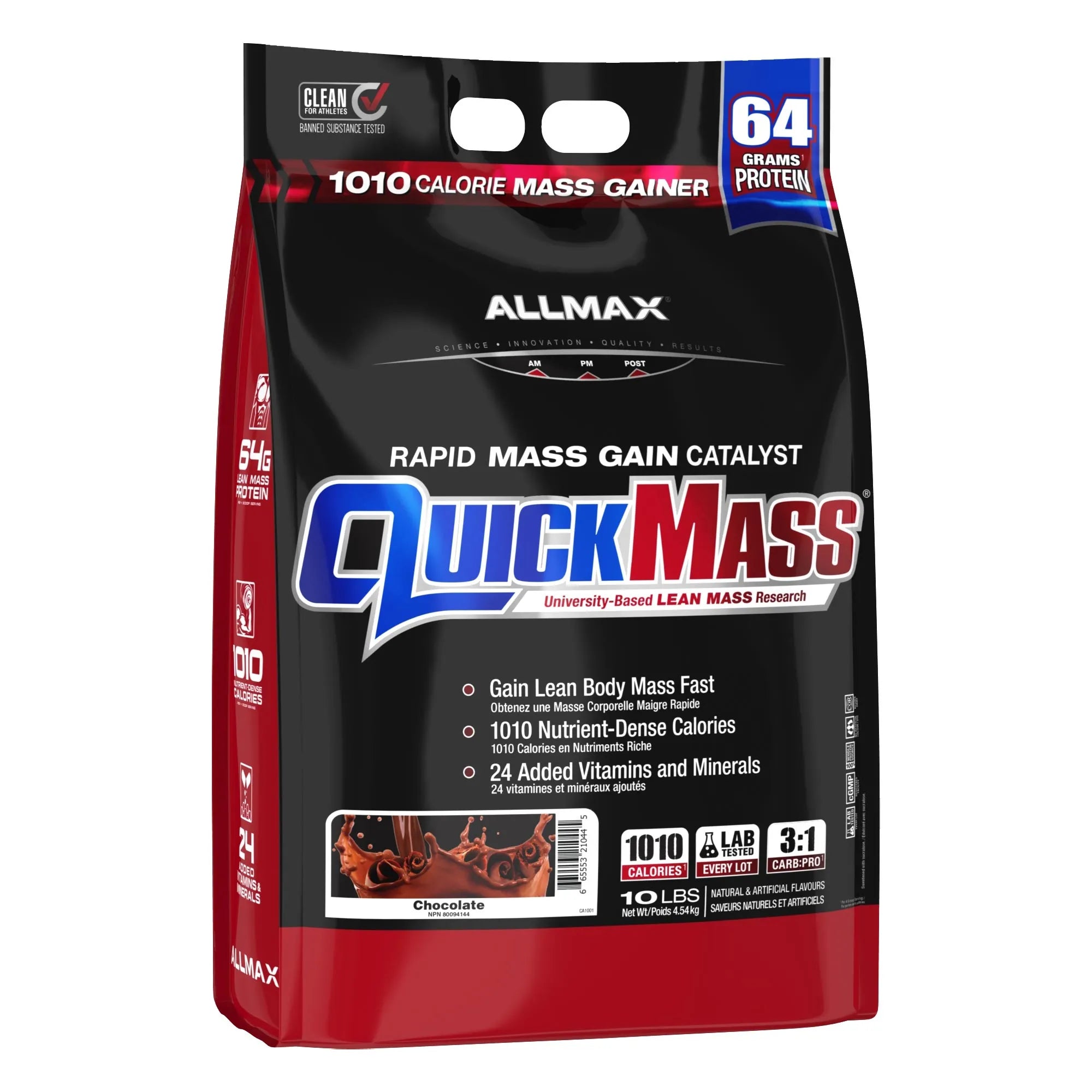 A 10 lb bag of Allmax QuickMass Rapid Mass Gain Catalyst in chocolate flavor, featuring a black and red packaging design with white and blue text.