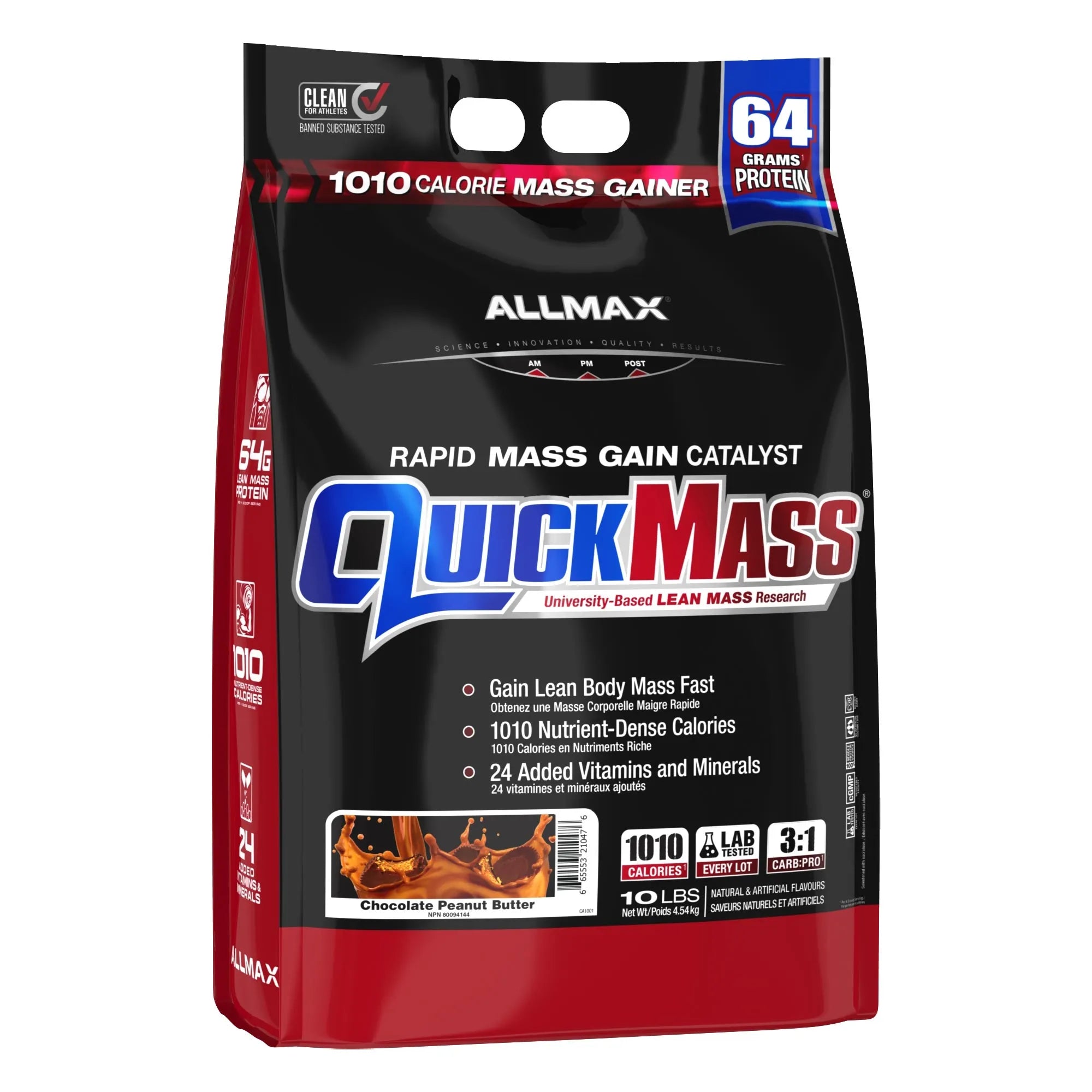 A 10 lb bag of Allmax QuickMass Rapid Mass Gain Catalyst in Chocolate Peanut Butter flavor. The packaging is primarily black with red side panels and features the prominent blue and red 'QuickMass' logo.