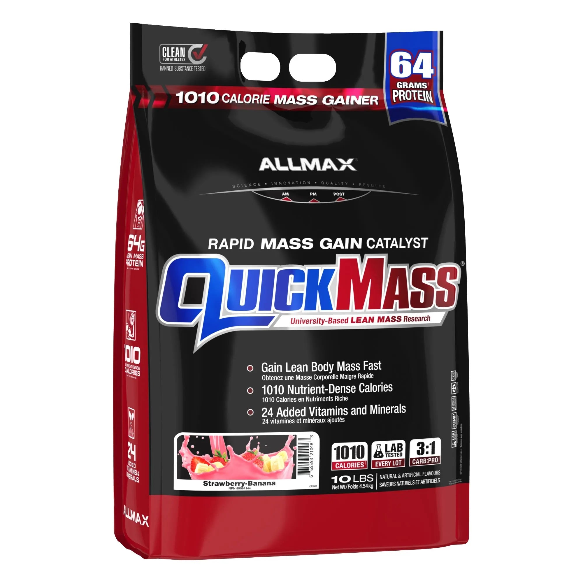 A 10 lb bag of Allmax QuickMass Rapid Mass Gain Catalyst in Strawberry Banana flavor. The packaging is primarily black with red side panels, featuring the prominent blue and red 'QuickMass' logo and white text detailing its 1010 calorie mass gain properties.