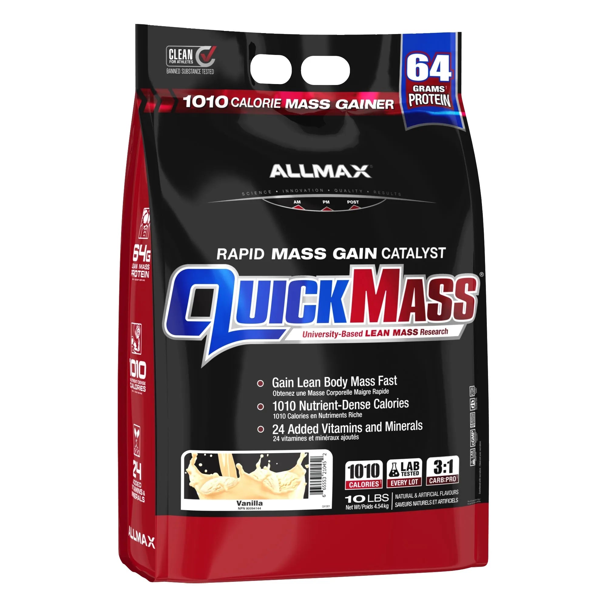 A 10 lb bag of Allmax QuickMass 1010 Calorie Mass Gainer in Vanilla flavor. The packaging is primarily black with red side panels and features the 'QuickMass' logo in blue and red, along with '64 Grams Protein' and '1010 Calorie Mass Gainer' text.