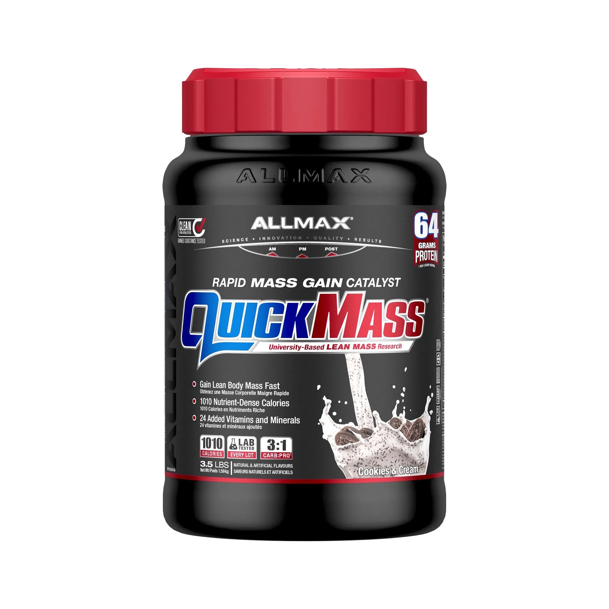 A black plastic tub of Allmax QuickMass Rapid Mass Gain Catalyst with a red cap, shown on a plain white background.