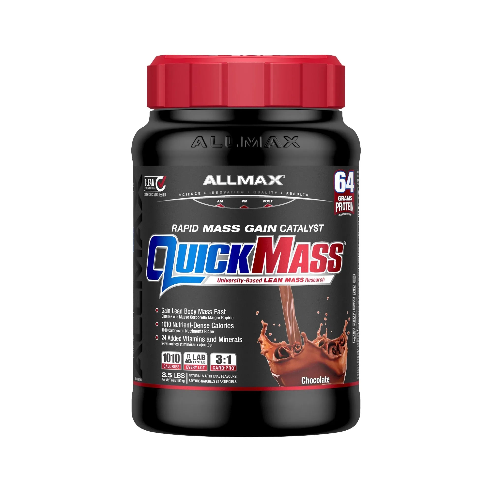 A black plastic tub of Allmax QuickMass Rapid Mass Gain Catalyst in Chocolate flavor, featuring a red screw-on lid and a black label with red, white, and blue text.