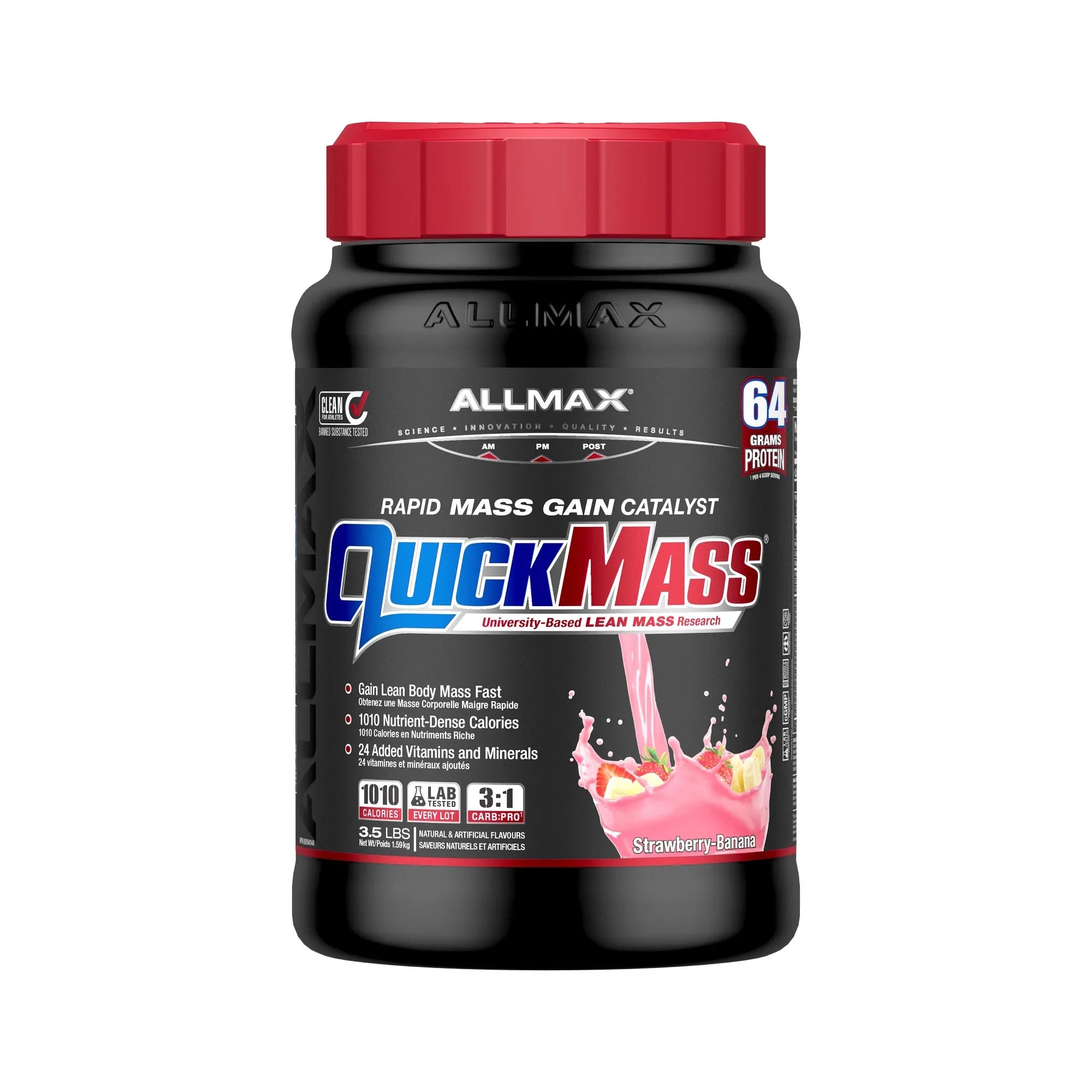 A black plastic bottle of Allmax QuickMass Rapid Mass Gain Catalyst powder with a red cap, shown on a plain white background.