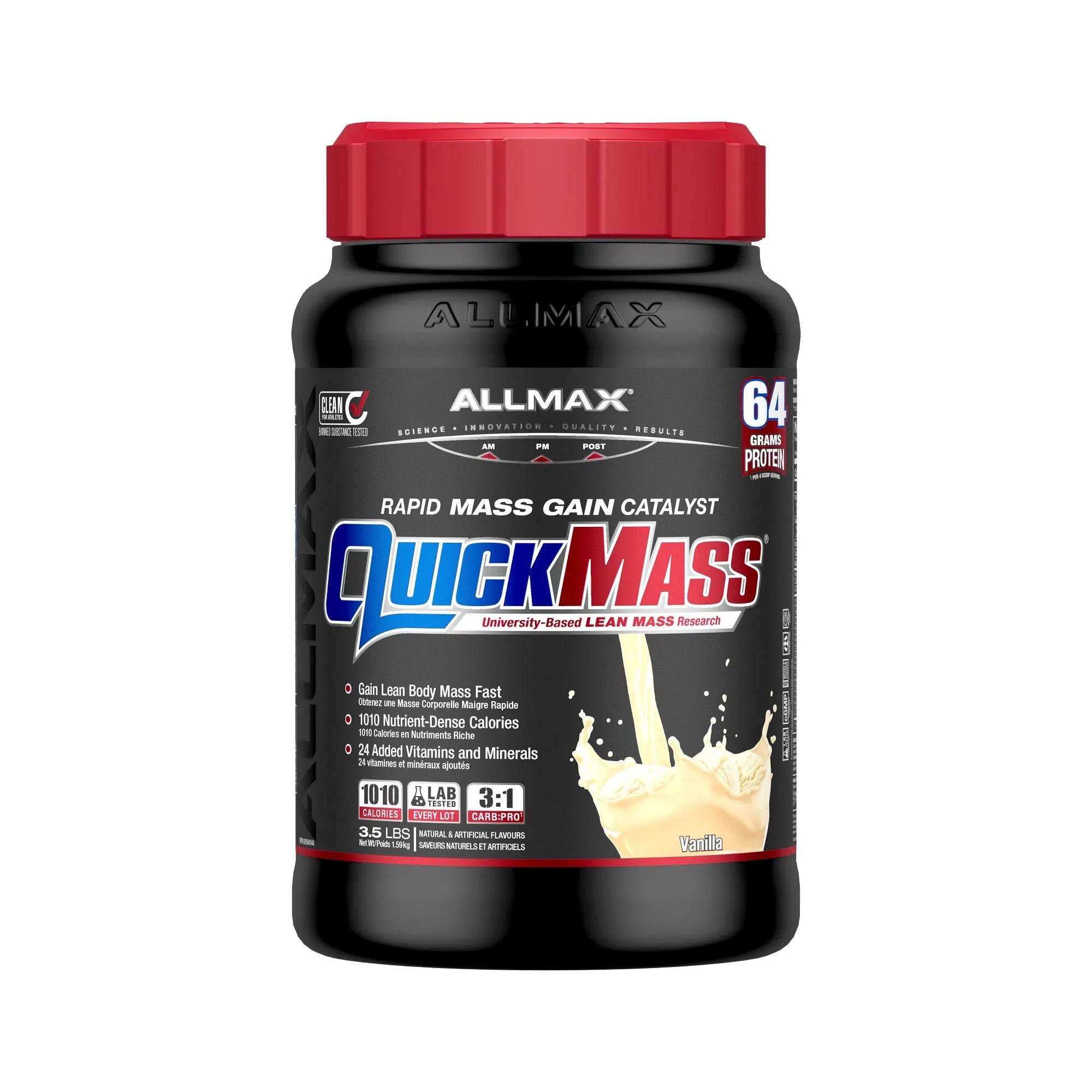 A black plastic tub of Allmax QuickMass Rapid Mass Gain Catalyst powder with a red cap, on a plain white background.