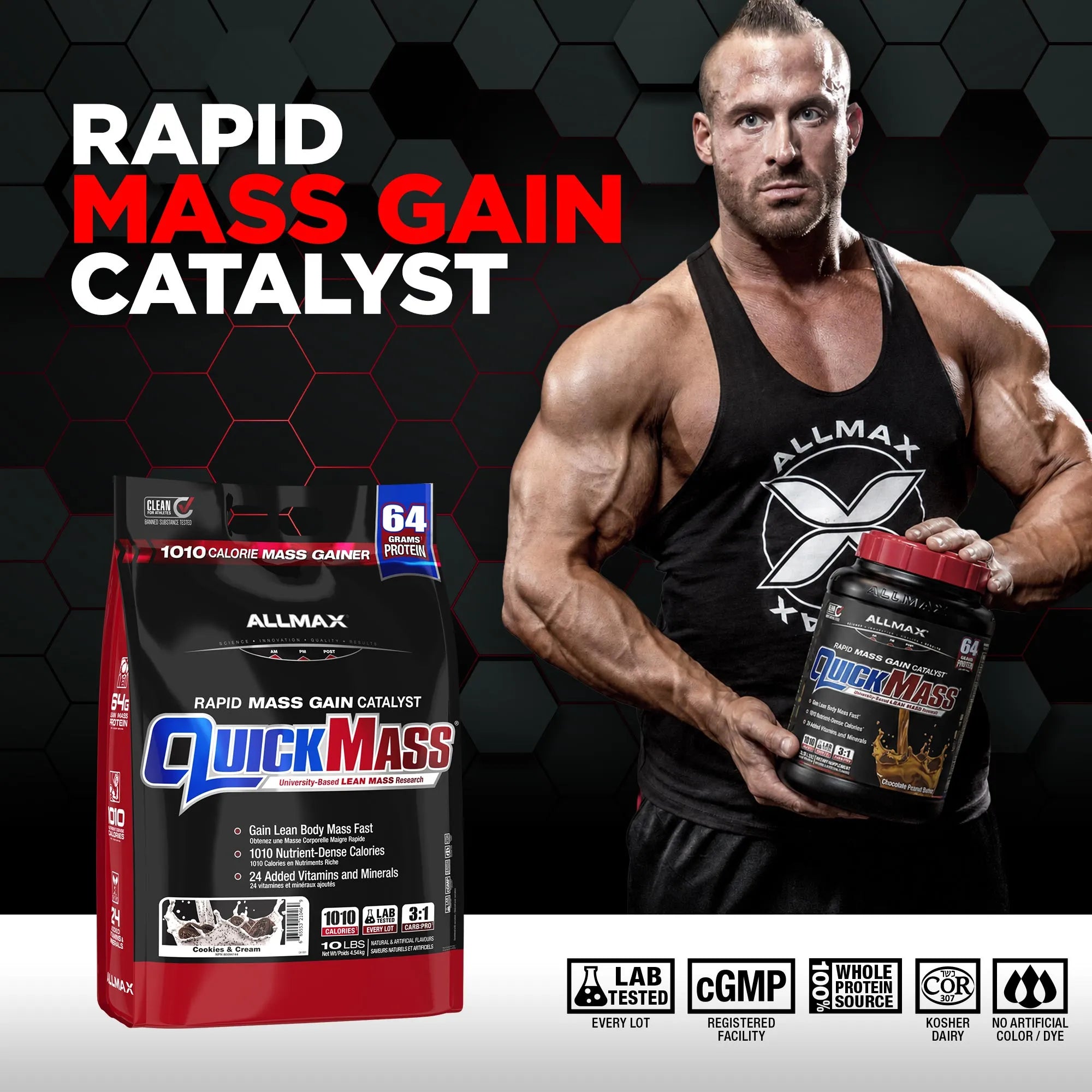 A muscular man in a black Allmax tank top holds a tub of Allmax Quick Mass Rapid Mass Gain Catalyst powder next to its black and red retail bag. The background is black with a red hexagonal pattern, and the text 'RAPID MASS GAIN CATALYST' is displayed at the top, with feature badges at the bottom.