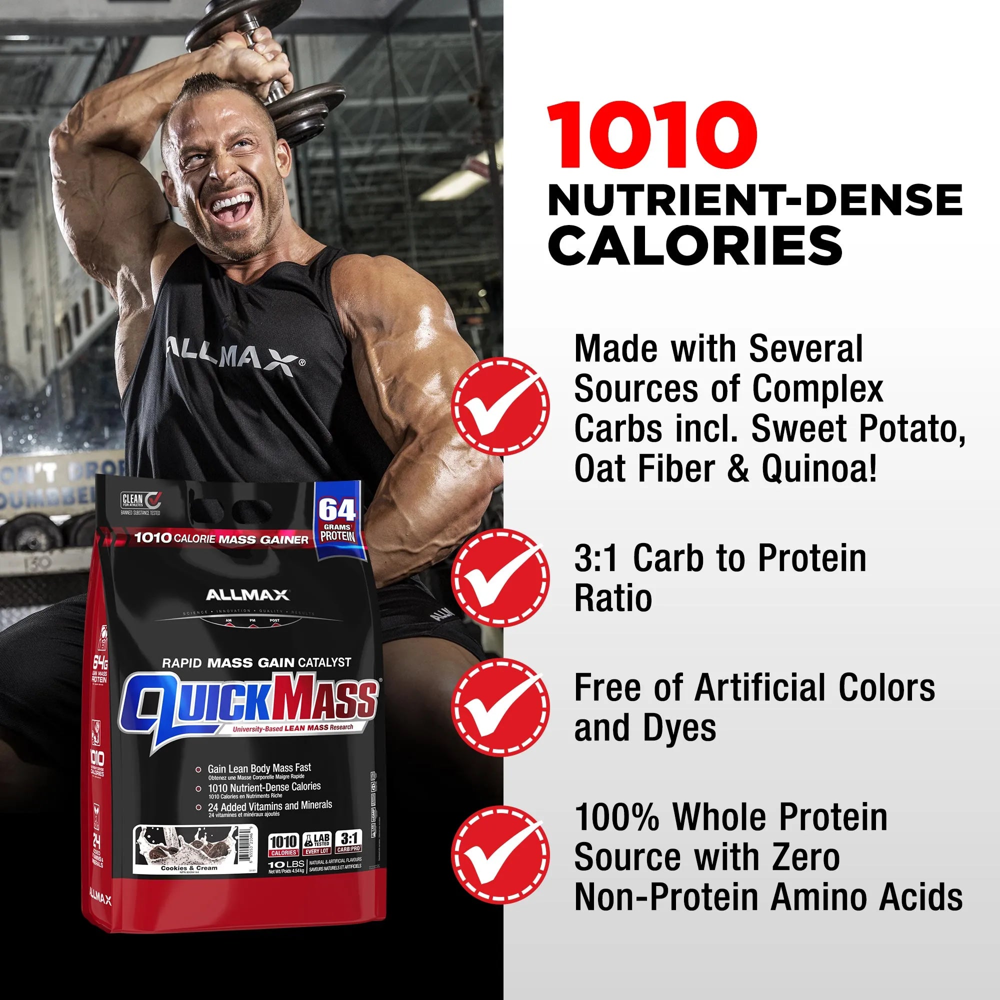 Allmax QuickMass 1010 calorie protein powder bag shown next to a muscular man lifting weights in a gym setting, with text highlighting key product benefits.