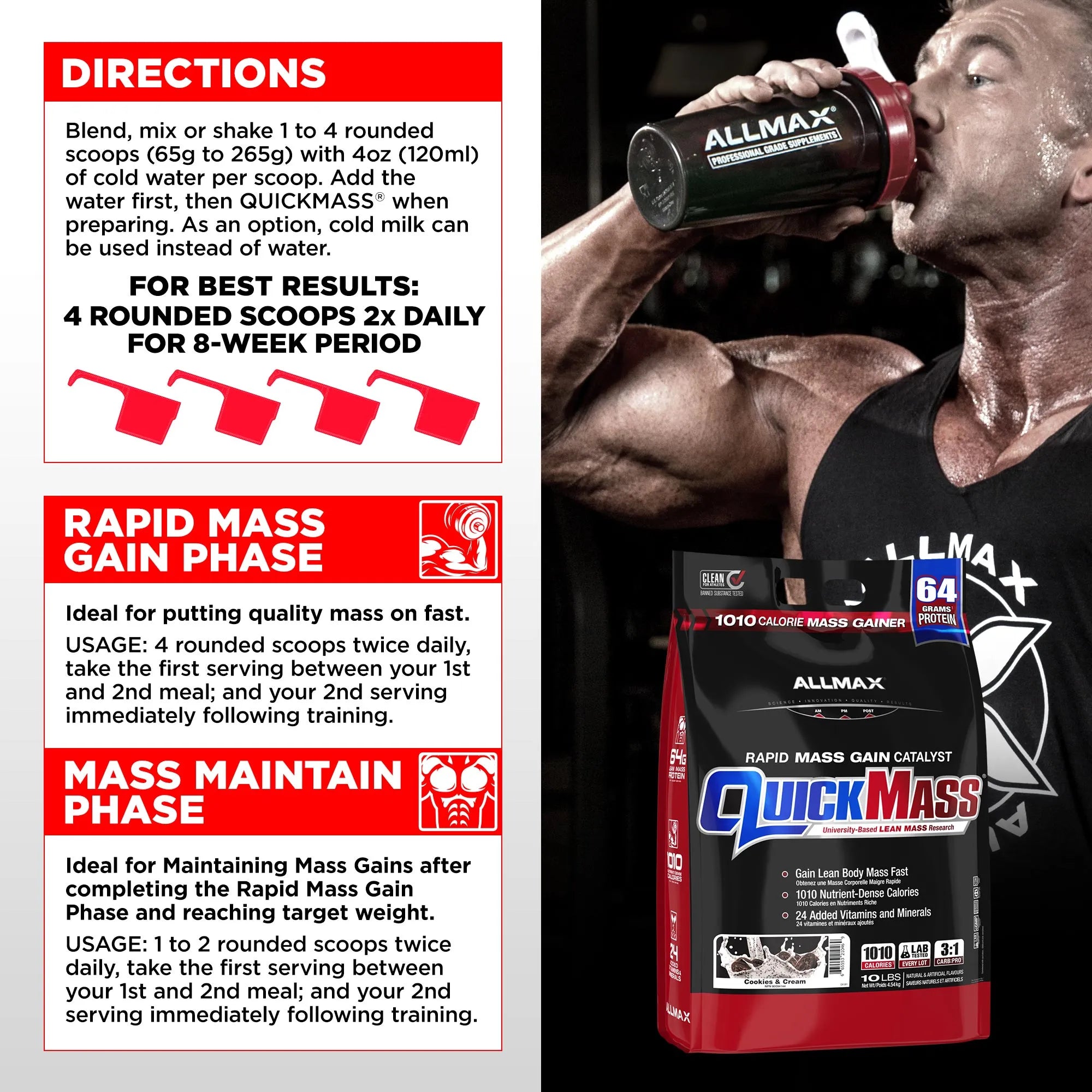 A promotional graphic for Allmax QuickMass 100% Cold-Formed Rapid Mass Gain User. The left side features a white panel with red headers and black text detailing the usage directions for Rapid Mass Gain Phase and Mass Maintain Phase.