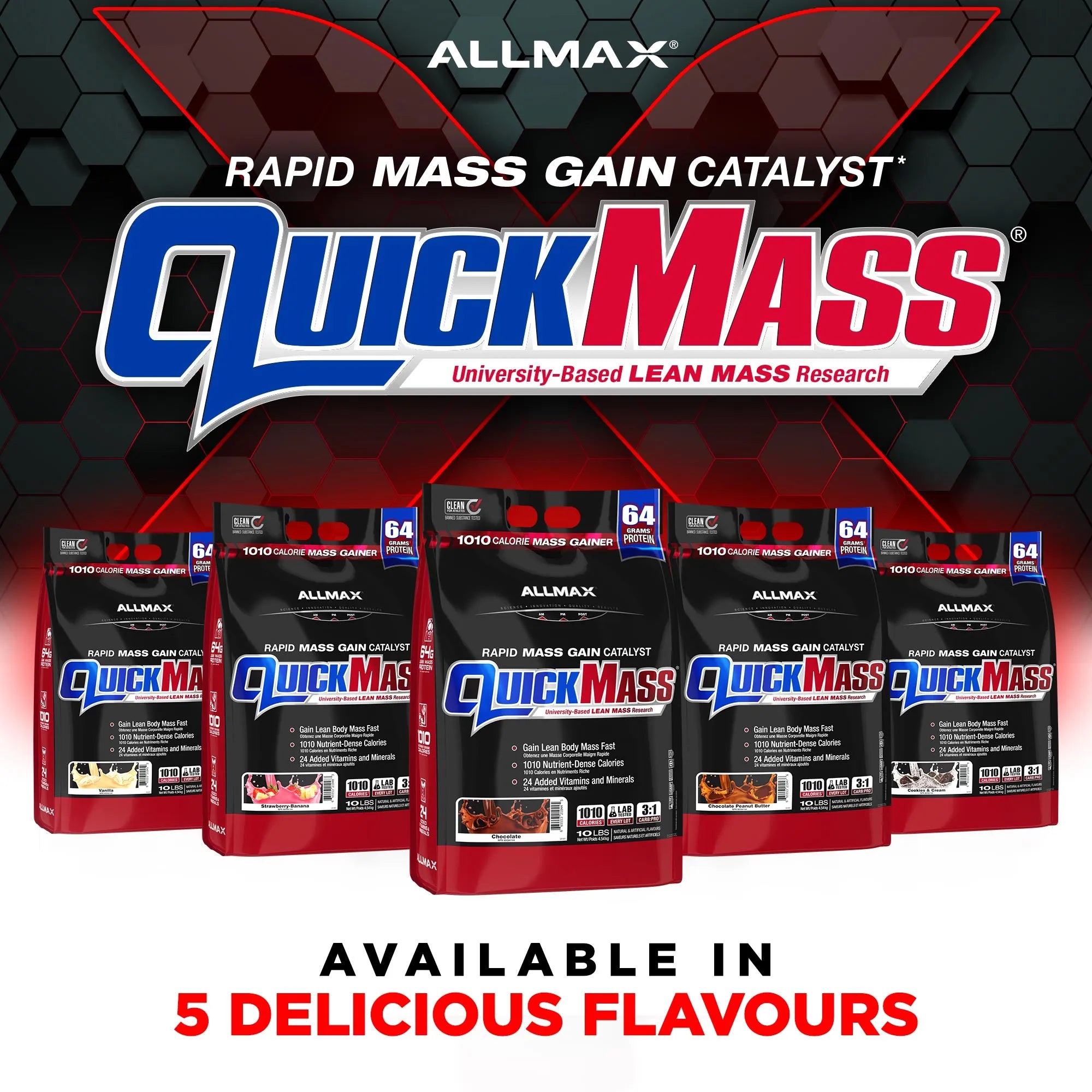 Promotional graphic for Allmax QuickMass Rapid Mass Gain Catalyst, showing five black and red bags of lean mass supplement powder against a dark hexagonal background with the brand logo and text 'AVAILABLE IN 5 DELICIOUS FLAVOURS'.
