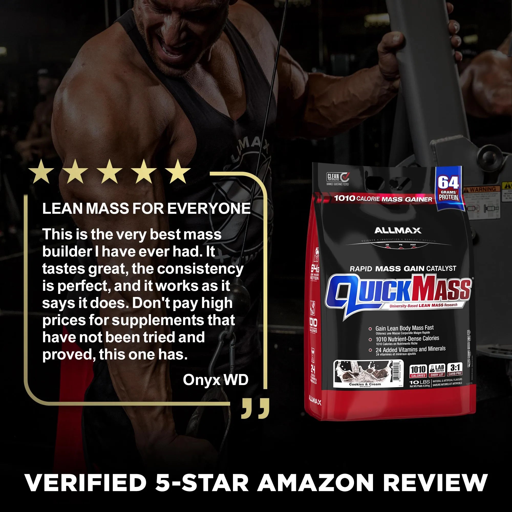 A bag of Allmax QuickMass Rapid Mass Gain Catalyst supplement shown next to a verified 5-star Amazon review overlay, with a muscular man training in the background.