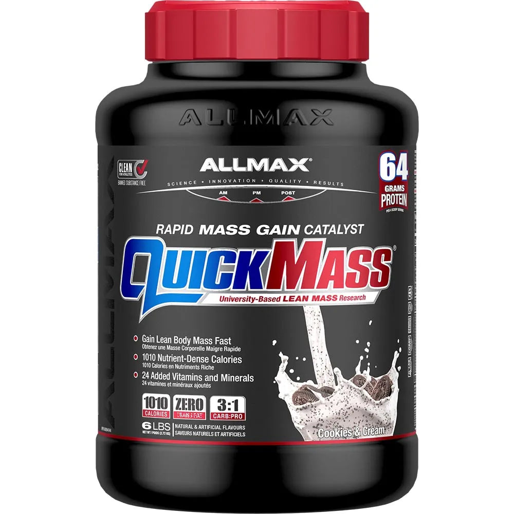 A black plastic tub of Allmax QuickMass Rapid Mass Gain Catalyst with a red cap, shown on a plain white background.