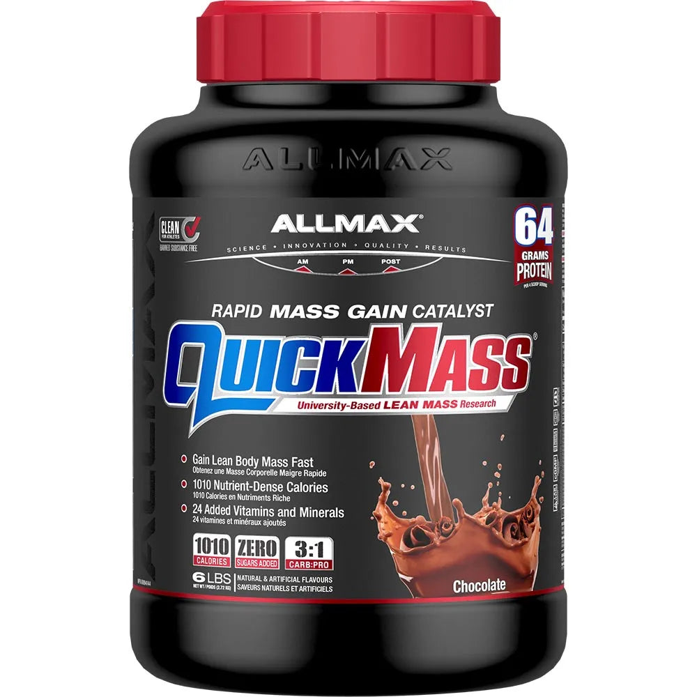 A black plastic tub of Allmax QuickMass Rapid Mass Gain Catalyst powder with a red cap, on a plain white background.