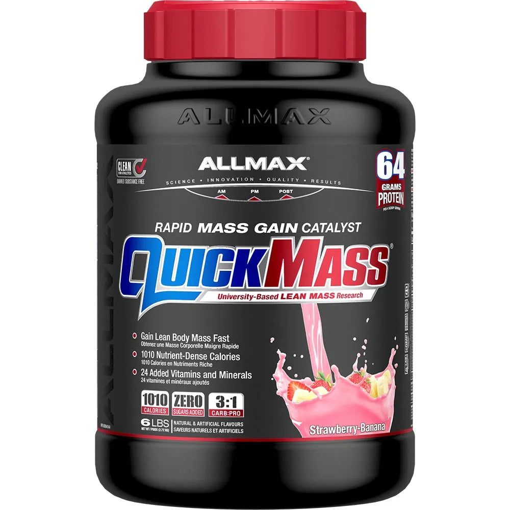 A black tub of Allmax QuickMass Rapid Mass Gain Catalyst powder supplement with a red cap and a pink strawberry-banana flavor graphic on the label.