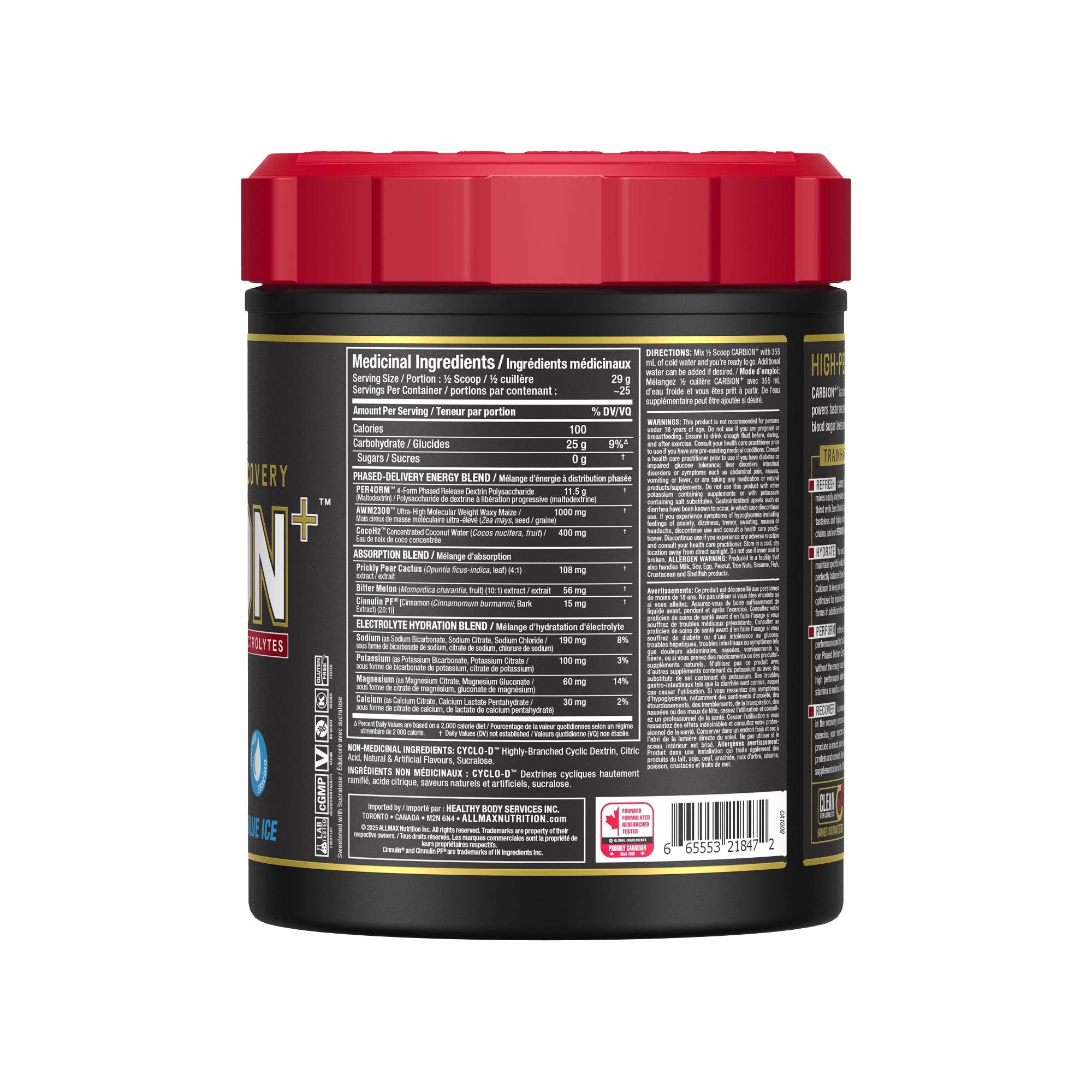 A black plastic tub of protein powder with a bright red ribbed lid, showing the back panel with nutritional information and text, on a plain white background.