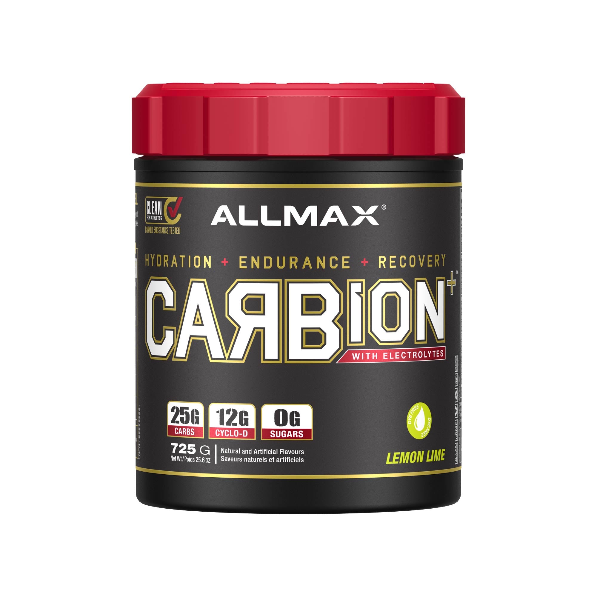 A tub of Allmax Carbion+ electrolyte powder in Lemon Lime flavor, featuring a black container with a bright red lid and gold and white lettering.