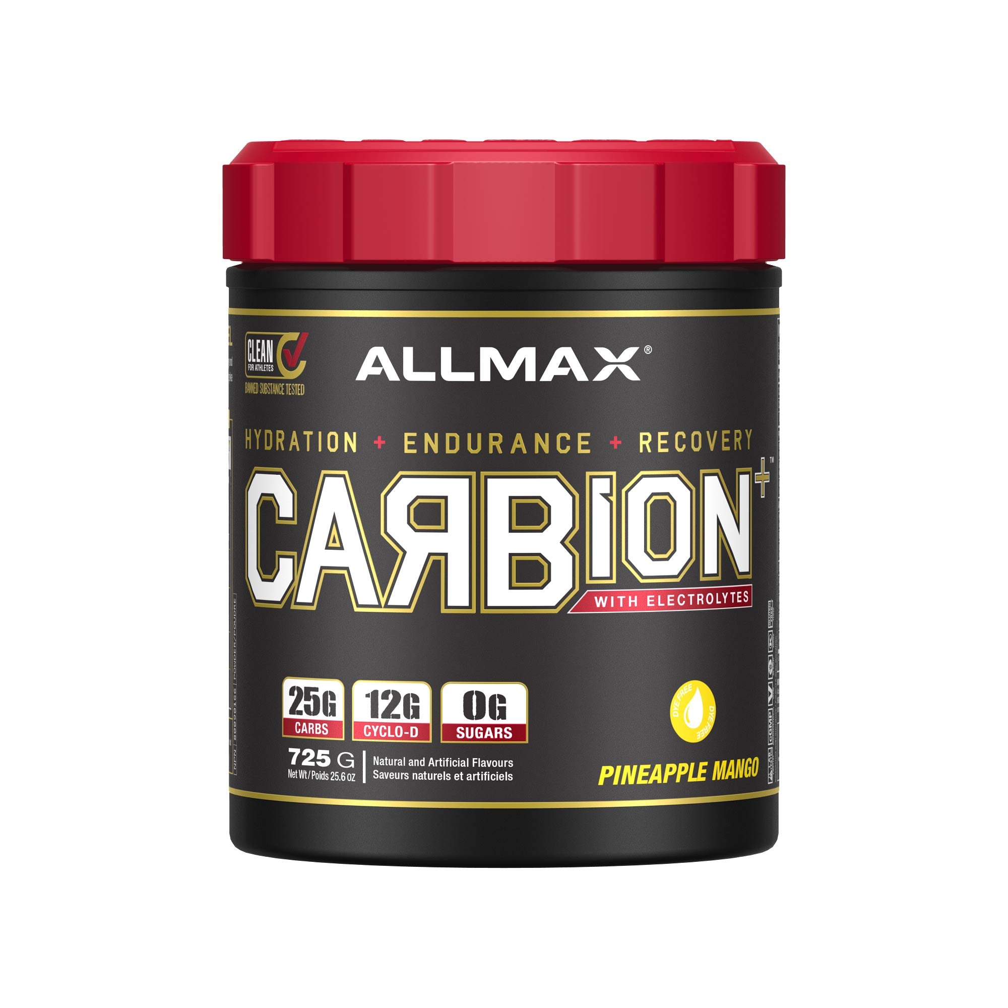 A tub of Allmax Carbion+ sports nutrition powder in Pineapple Mango flavor, featuring a black container with a red lid and a black label with gold and white text.