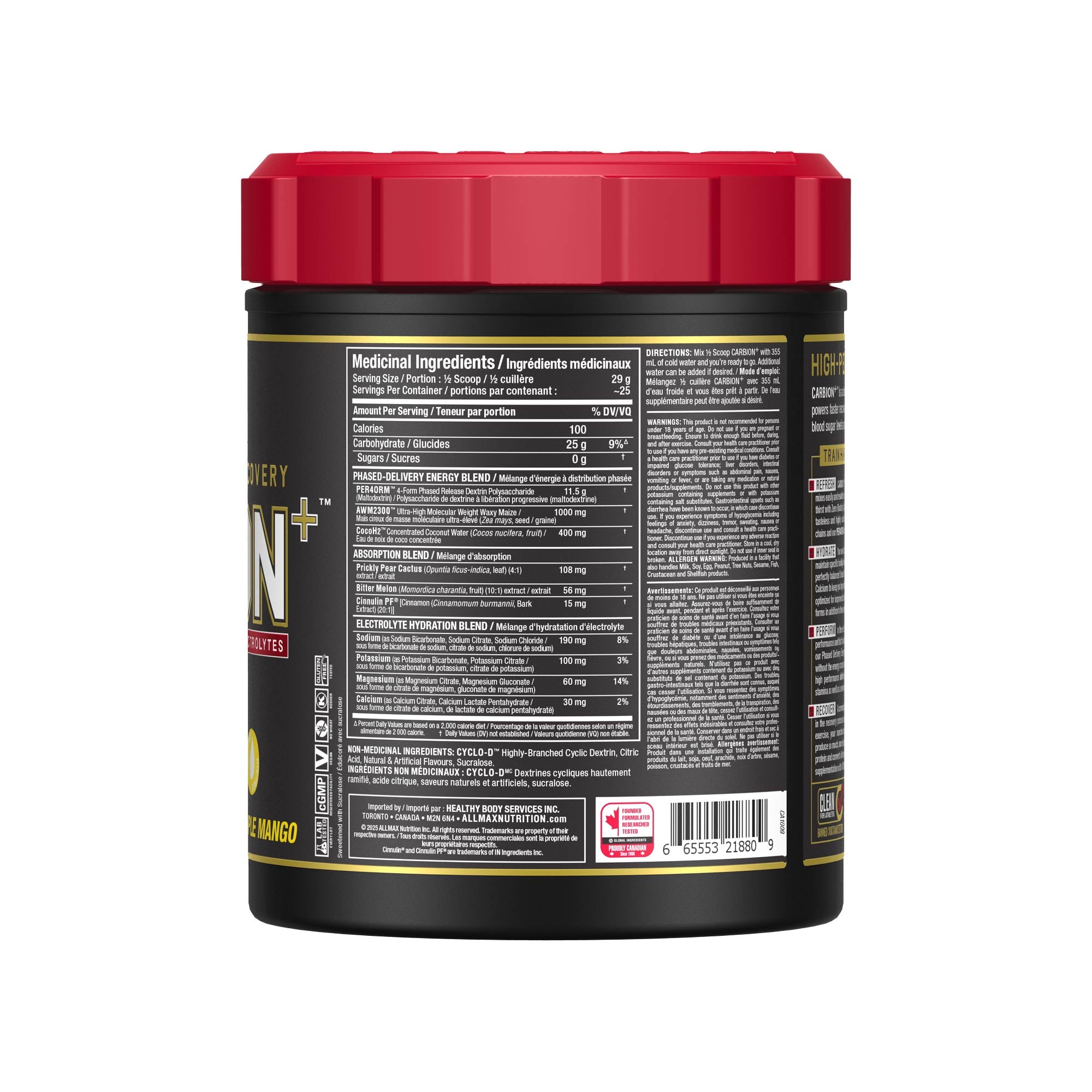 A black tub of Gains Nitro+ Whey Protein powder with a red lid, showing the back panel with nutritional information and text for Vanilla Ice flavor.