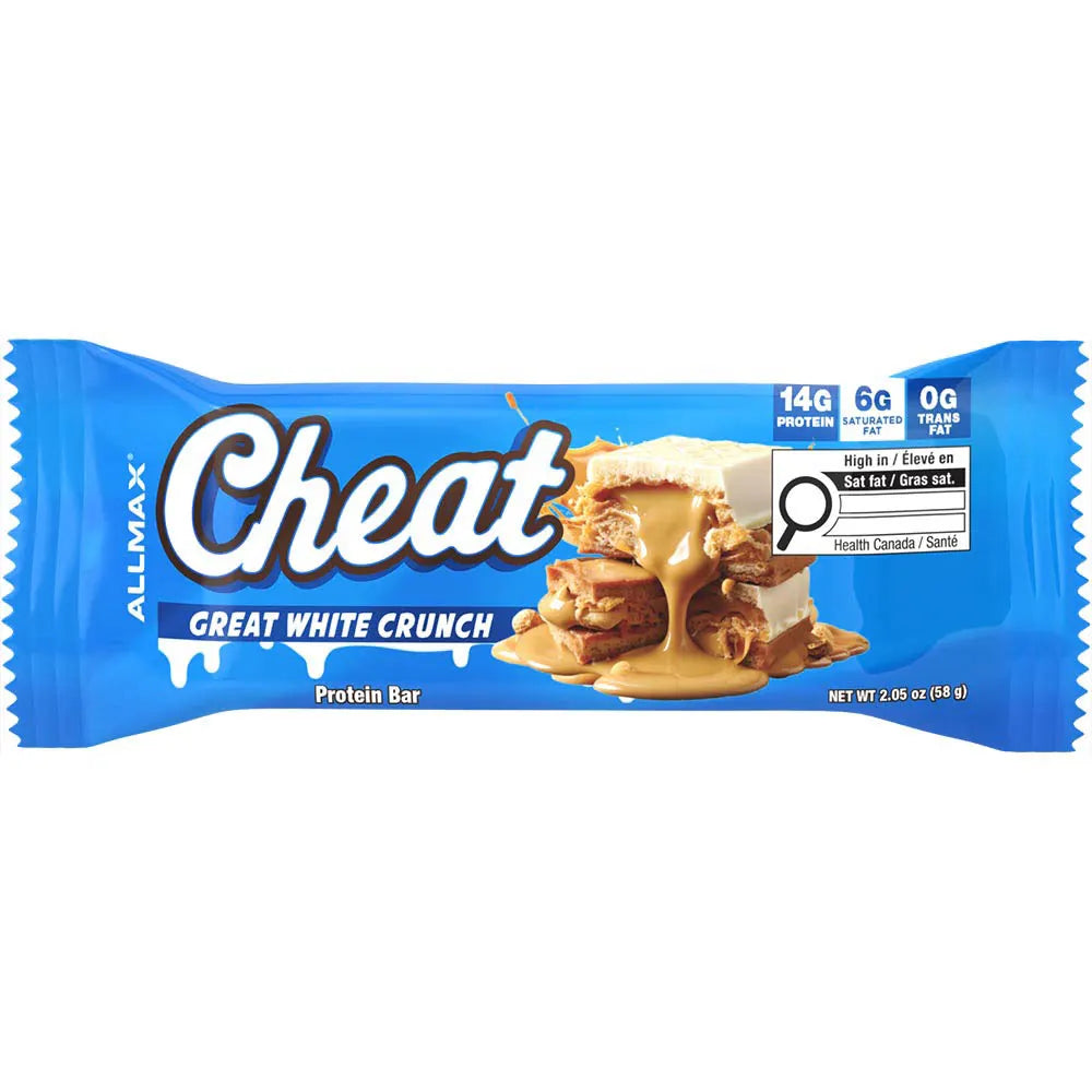 Allmax Cheat Great White Crunch protein bar packaging on a white background