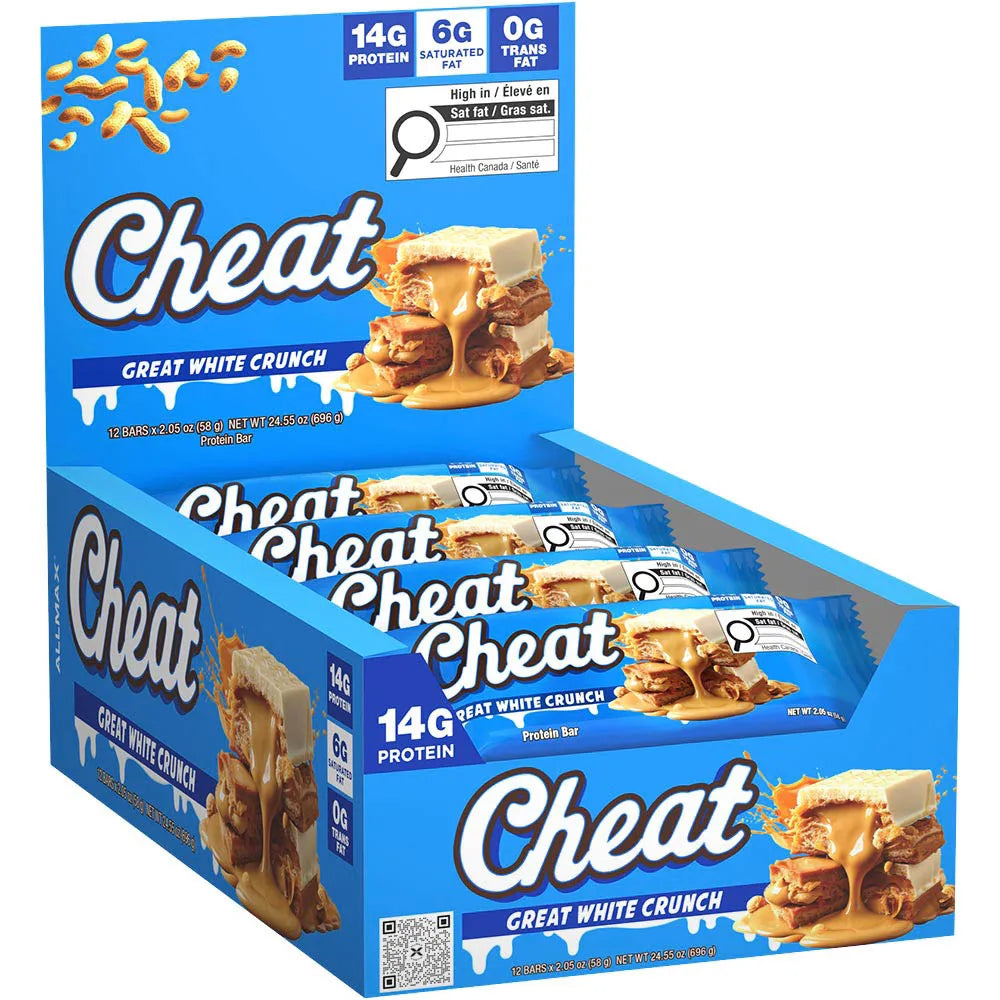 Box of Cheat Great White Crunch protein bars with blue packaging.