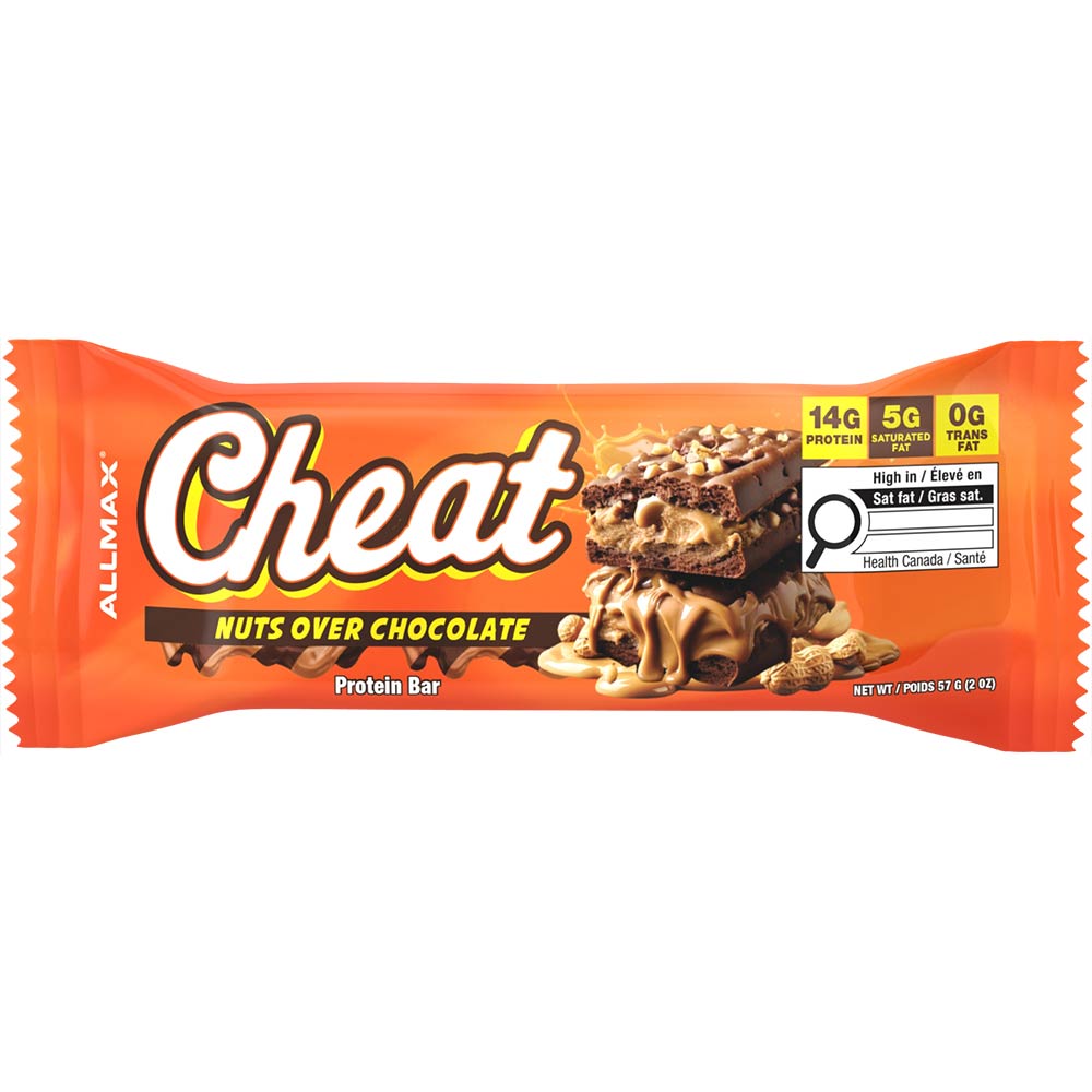Allmax Cheat Nuts Over Chocolate protein bar packaging on a white background