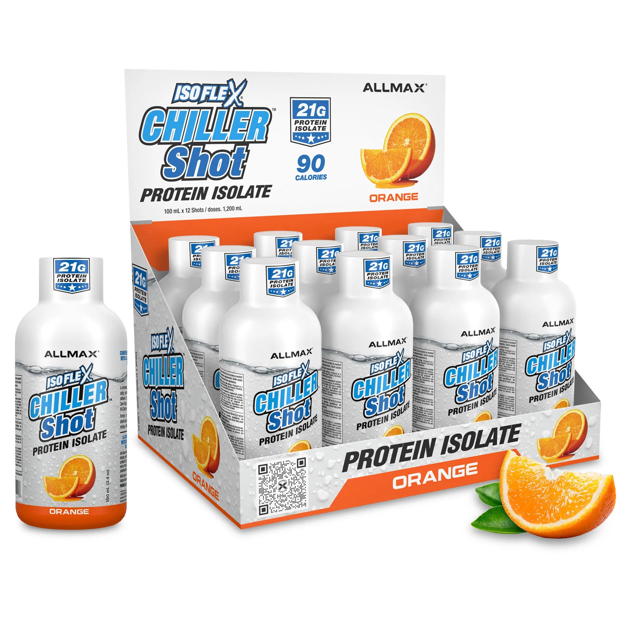 A display box and individual bottles of Allmax Isoflex Chiller Shot Protein Isolate in Orange flavor, shown on a clean white background with orange slices.