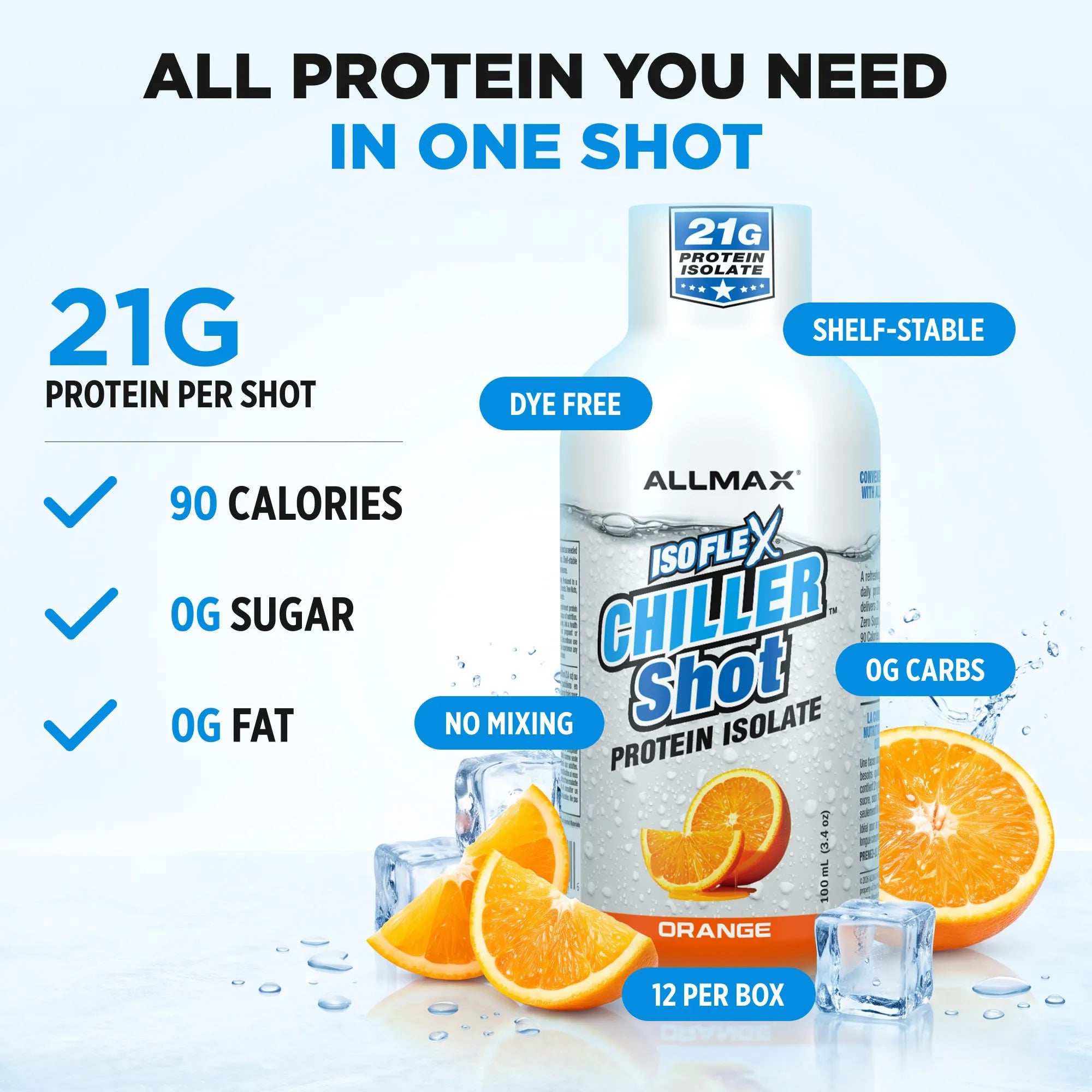 Allmax IsoFlex Chiller Shot protein isolate bottle in orange flavor, surrounded by ice cubes and orange slices on a light blue background with promotional text highlighting 21g protein per shot, shelf-stable, dye free, and 0g sugar/carbs/fat.