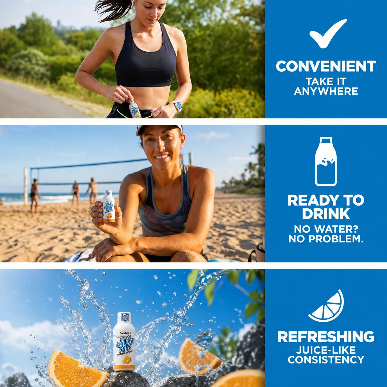Three-panel promotional graphic for a beverage bottle. Top panel shows a woman outdoors mixing a drink in a black sports bra.