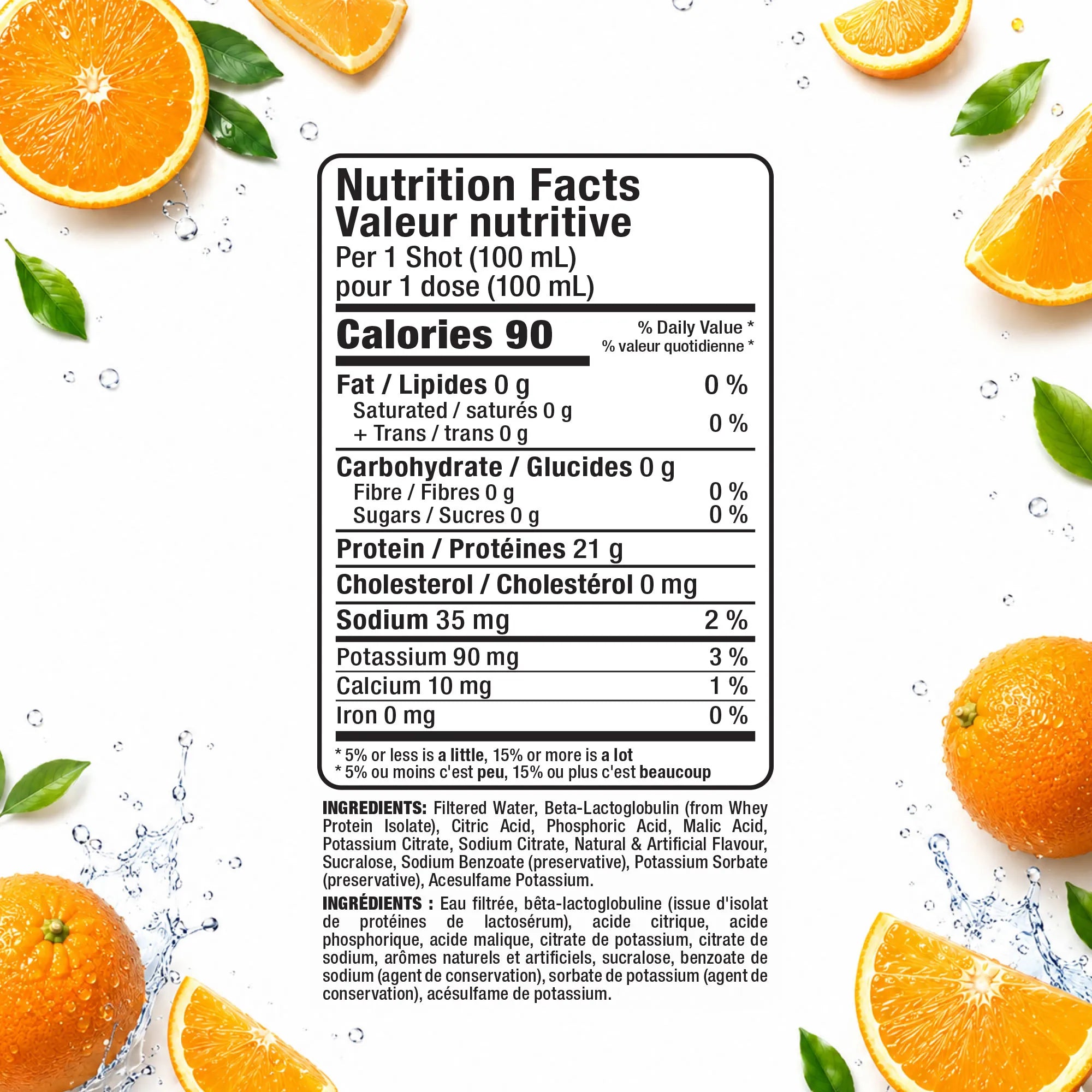 A Nutrition Facts label for a protein powder product, shown upright on a white background with sliced oranges and green leaves arranged around it. The label is in English and French, with 90 calories per 100 mL serving and no visible brand name.