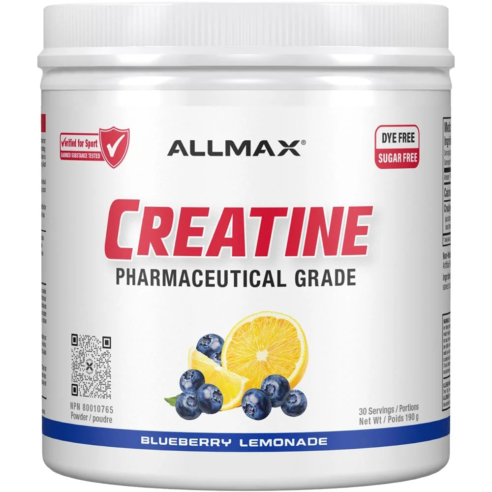 Allmax Creatine supplement container with blueberry and lemon design on a white background