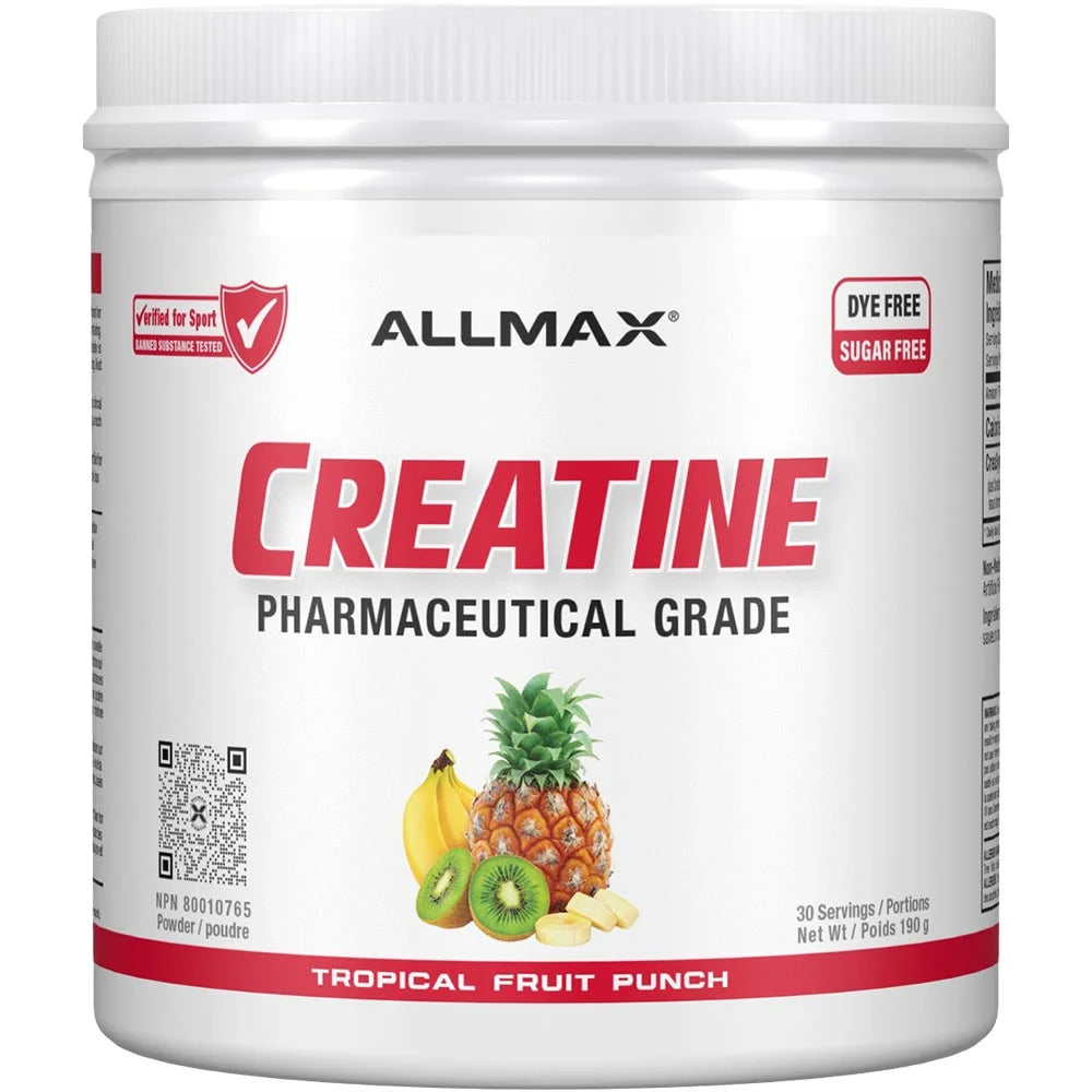 Allmax Creatine supplement container with tropical fruit punch flavor on a white background