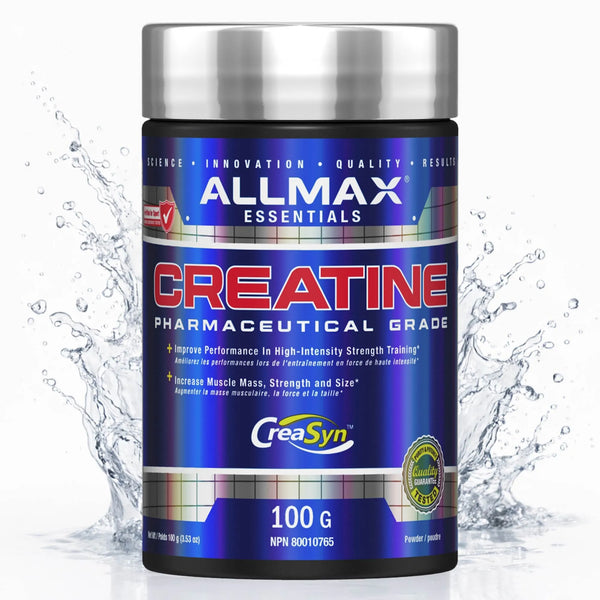 A bottle of Allmax Essentials Creatine Pharmaceutical Grade powder by Creasyn, shown against a white background with water splash graphics on the sides.
